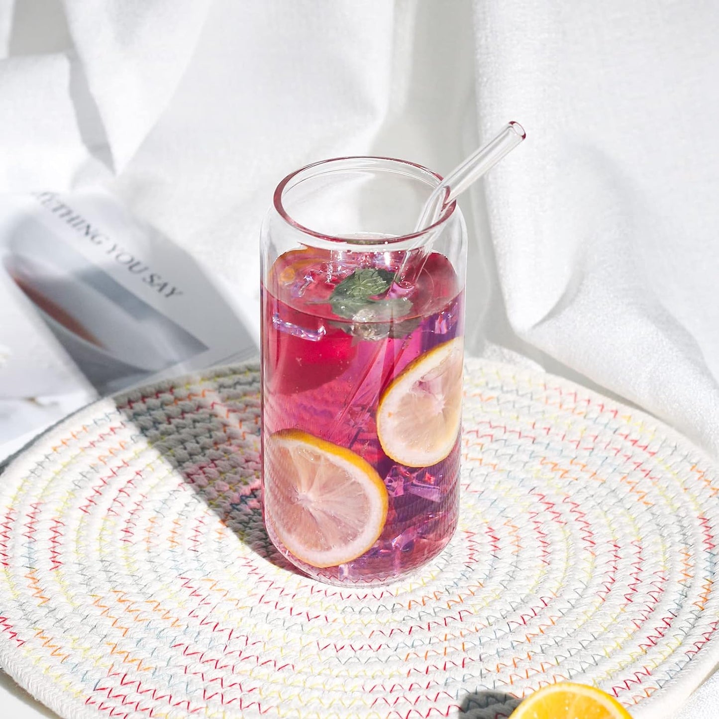 1 Pack Glass Cup, 16oz Drinking Glass with Bamboo Lid and Straw, Beer Tumbler for Mojito Soda Smoothies Whiskey Iced Coffee Cocktail Tea Juice
