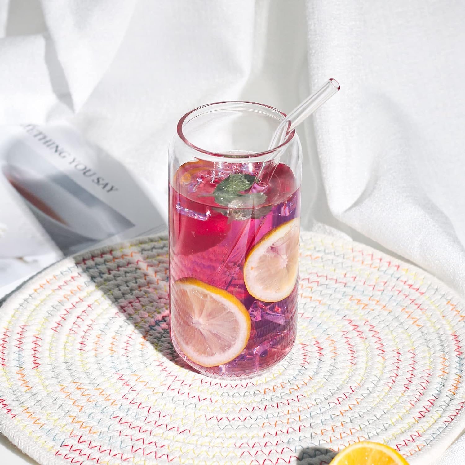 1 Pack Glass Cup, 16oz Drinking Glass with Bamboo Lid and Straw, Beer Tumbler for Mojito Soda Smoothies Whiskey Iced Coffee Cocktail Tea Juice