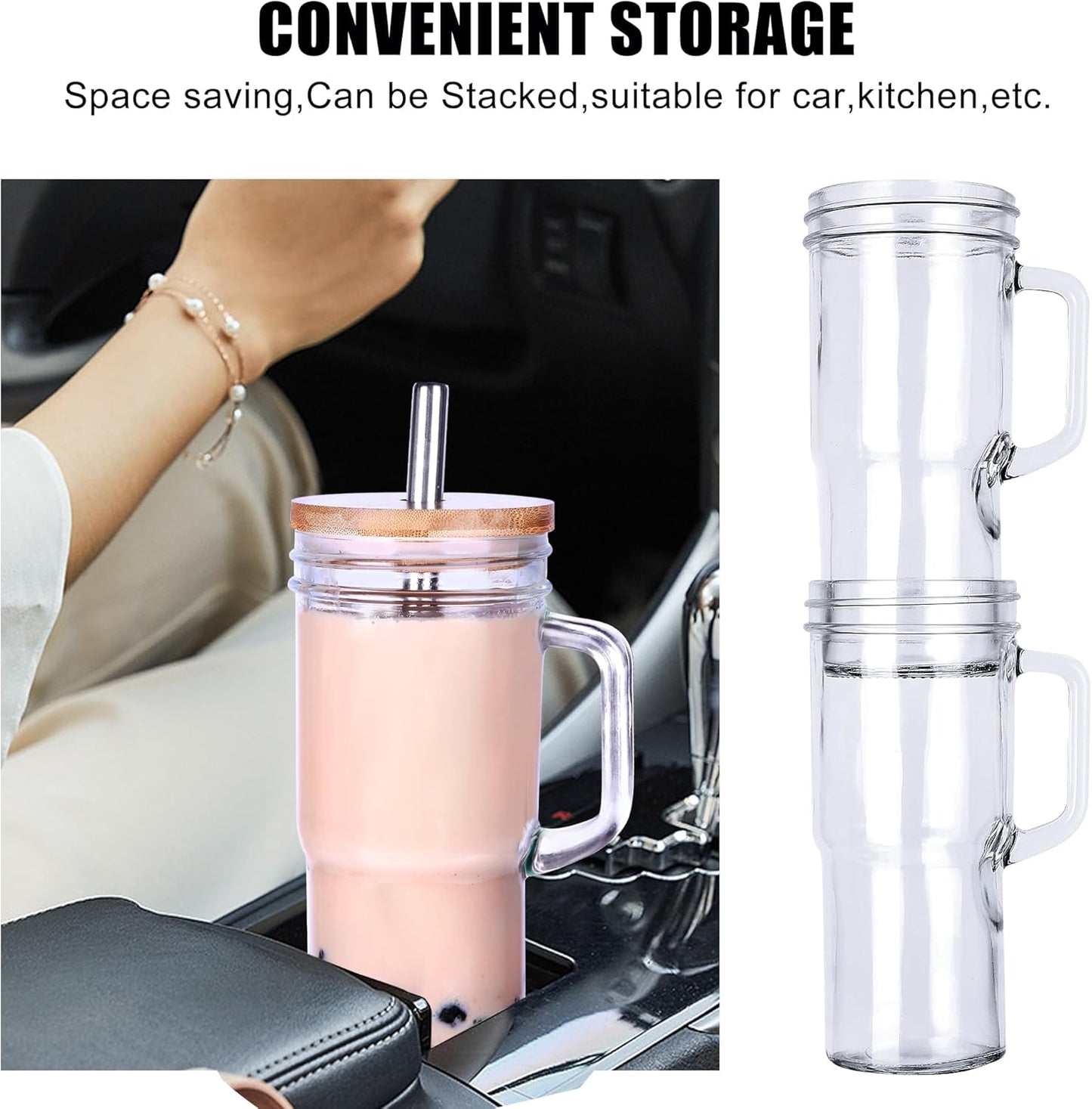 24oz Glass Cups with Lids and Straws - Glass Tumbler cup with bamboo lids and straw iced coffee cup