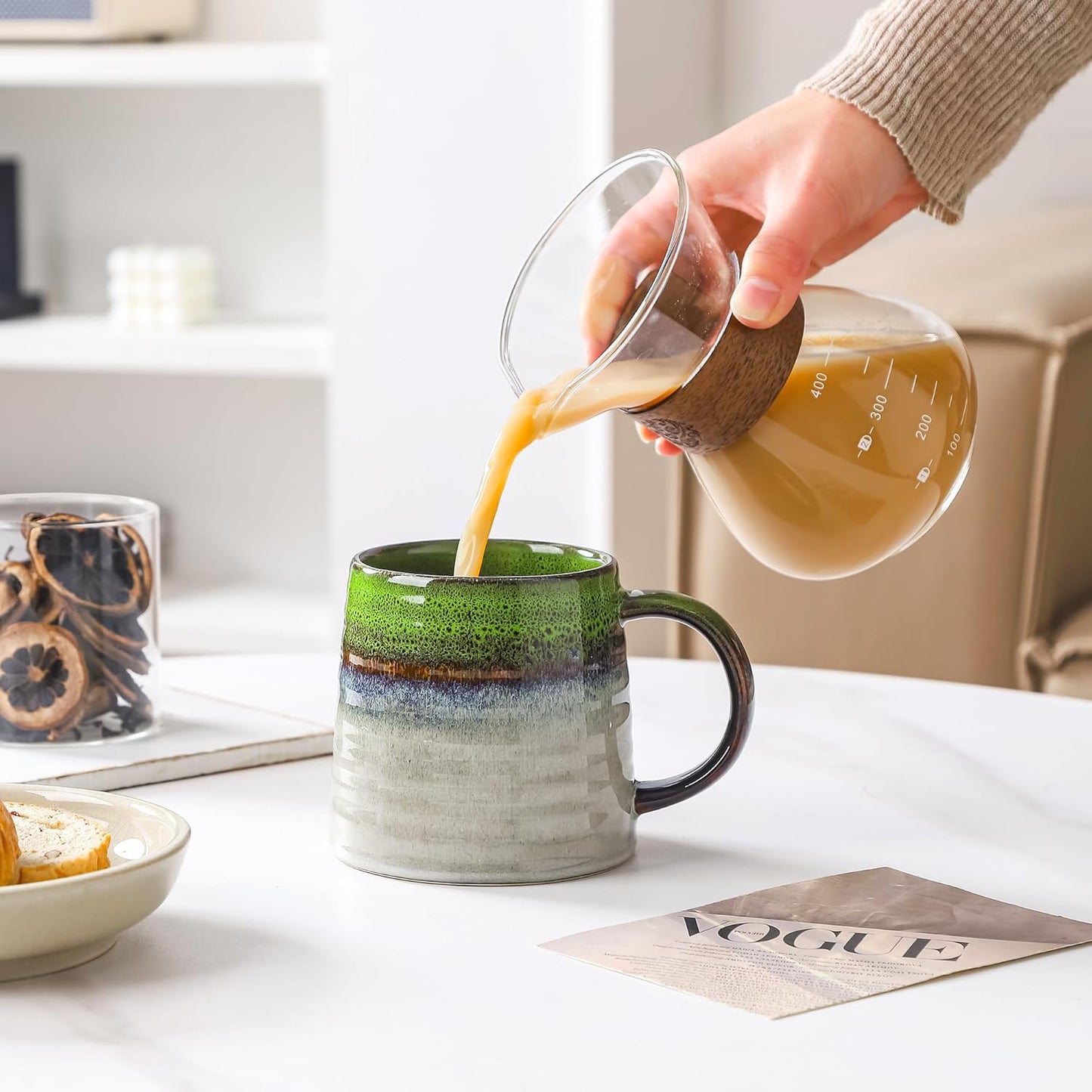Large Ceramic Coffee Mug, Handmade Pottery Mugs, Tea Cups with Big Handle for Office and Home, 15.5 oz, Dishwasher and Microwave Safe (Spring Green)