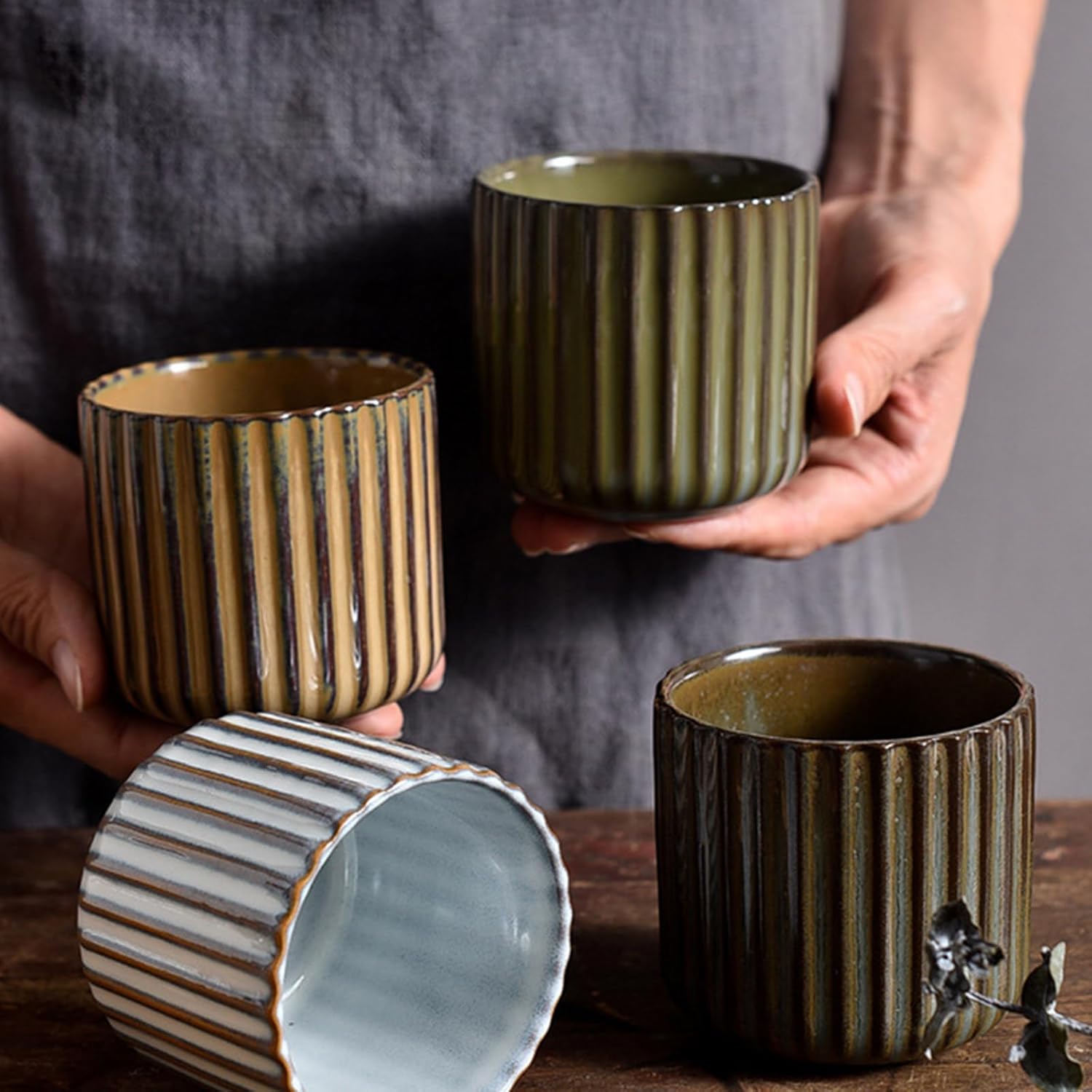 Vinitage Ceramic Mug, Japanese Tea Cup 6oz Striped Cup No Handle Drinking Cup for Latte Milk Water Beverage Juice Microwave and Dishwasher Safe, Kiln Transformation Cup (Brown)