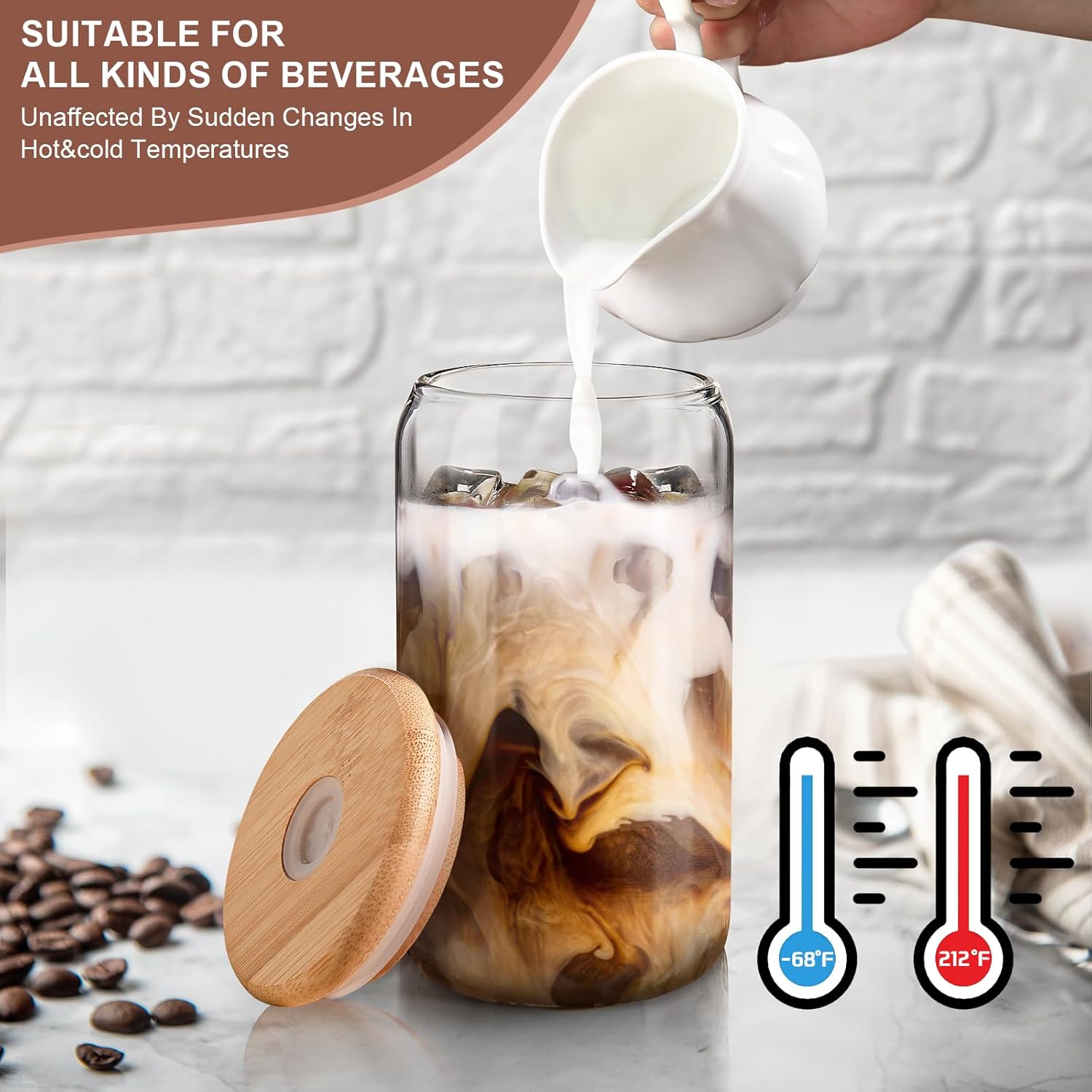 DWTS DANWEITESI Iced Coffee Cups with Lids 2 pcs,16 oz Glass Cups with Lids and Straws as Coffee Bar Accessories,Beer Drinking Glasses,Reusable Glass Tumbler,Cute Coffee Cups for Coffee, Juice, Gifts