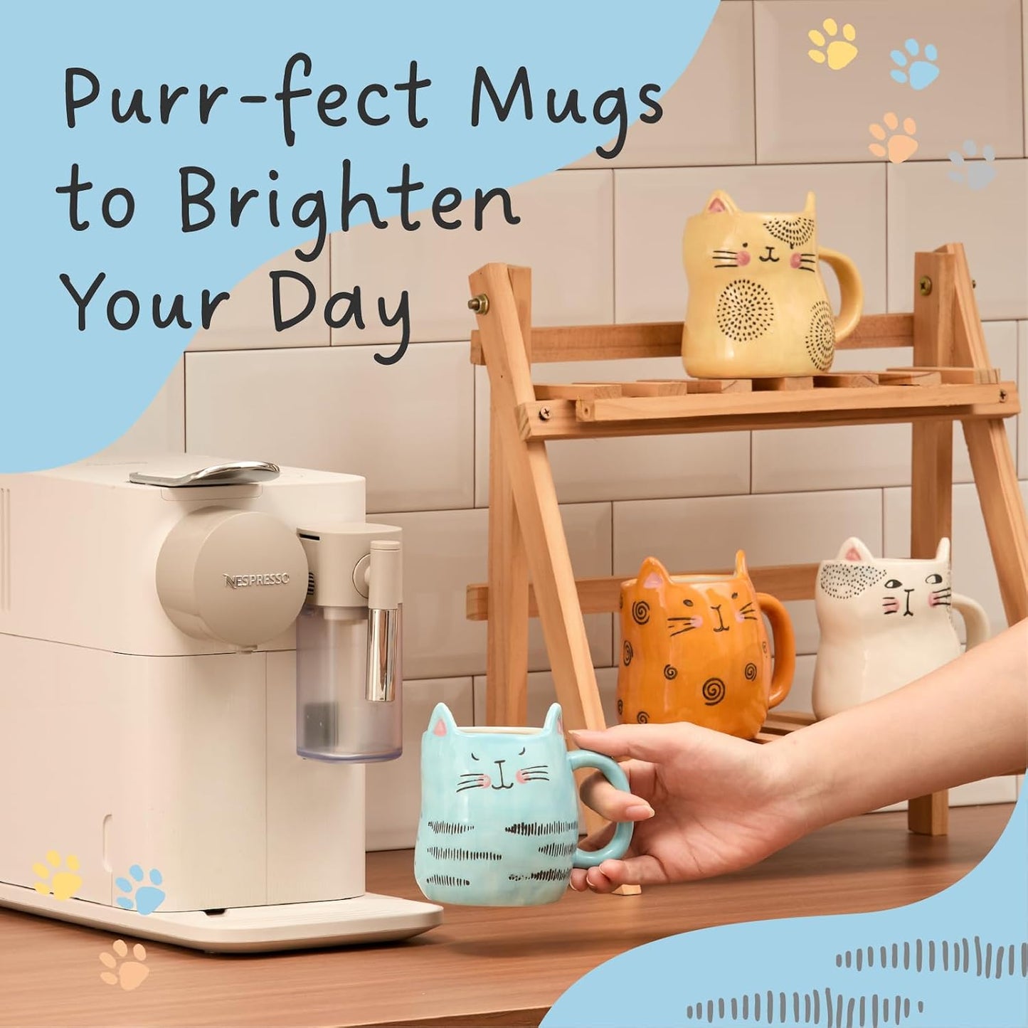 Bico Cartoon Cat Coffee Mugs Set of 4, Cute Ceramic Mugs with Unique Cats Faces, Stoneware Coffee Tea Mug Gifts for Cat Lovers, Women and Men, Microwave and Dishwasher Safe (10 oz)