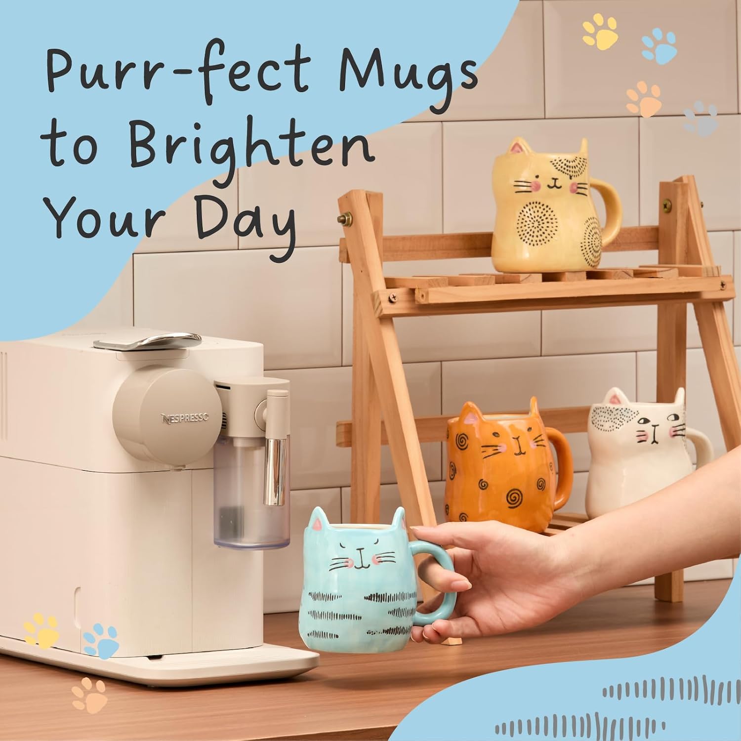 Bico Cartoon Cat Coffee Mugs Set of 4, Cute Ceramic Mugs with Unique Cats Faces, Stoneware Coffee Tea Mug Gifts for Cat Lovers, Women and Men, Microwave and Dishwasher Safe (10 oz)