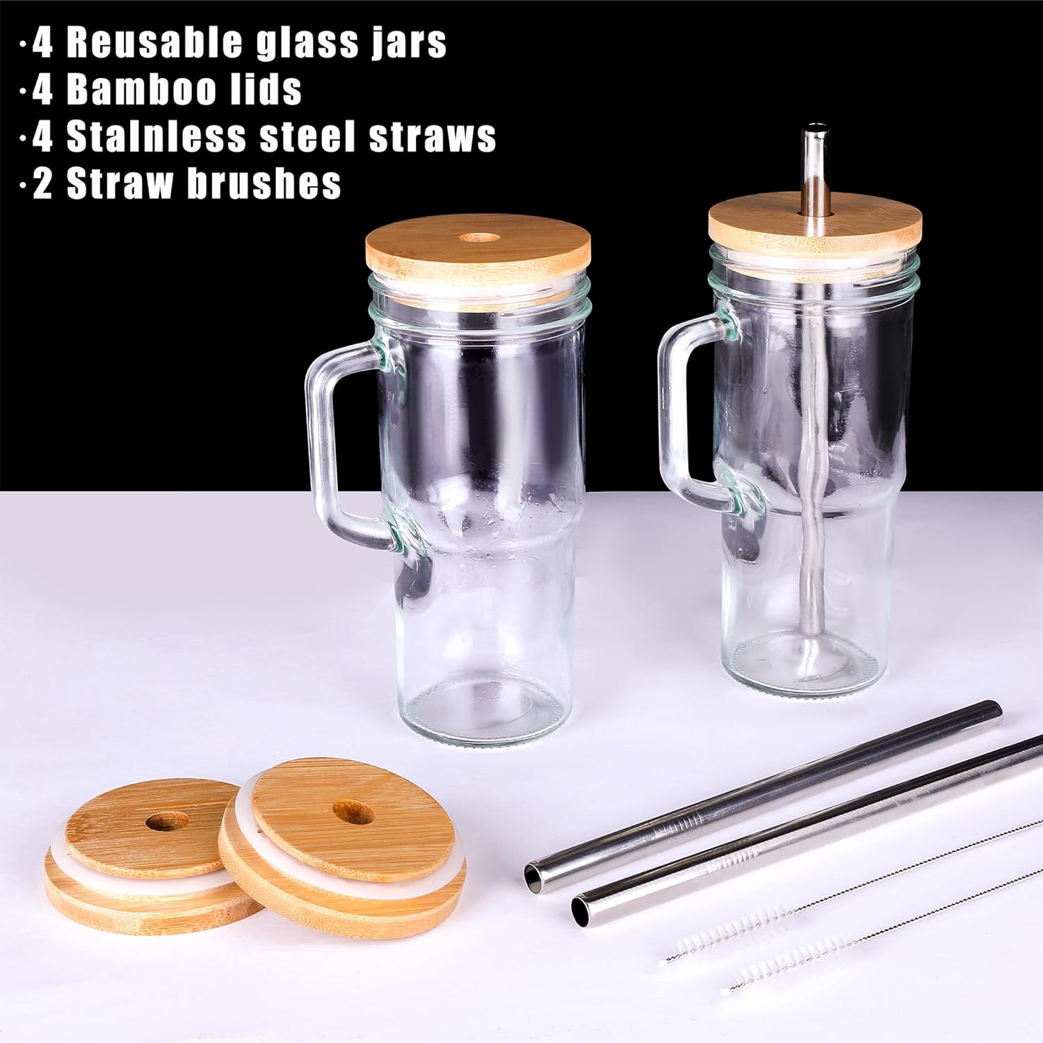 24oz Glass Cups with Lids and Straws - Glass Tumbler cup with bamboo lids and straw iced coffee cup