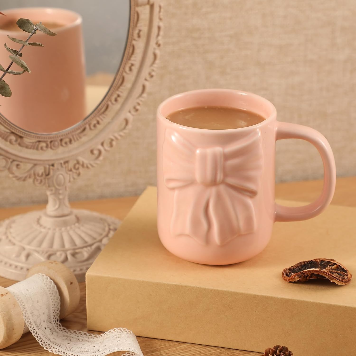 Bow Coffee Mug Coquette Ceramic Bow Mug 13 oz Charming Pink Coquette Cups with Handle Porcelain Coffee Cups for Women Birthday Decor Valentine Christmas Thanksgiving Day Gifts