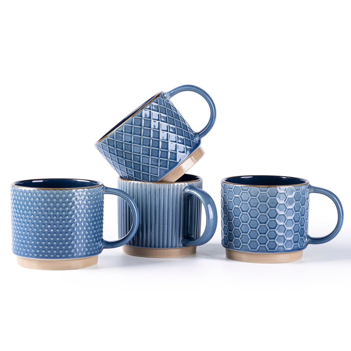 GBHOME 12 OZ Stackable Coffee Mugs, Ceramic Coffee Cups with Texture Patterns for Man,Woman,Dad,Mom, Modern Mugs Set of 4 for Latte/Cappuccino/Cocoa. Dishwasher&Microwave Safe