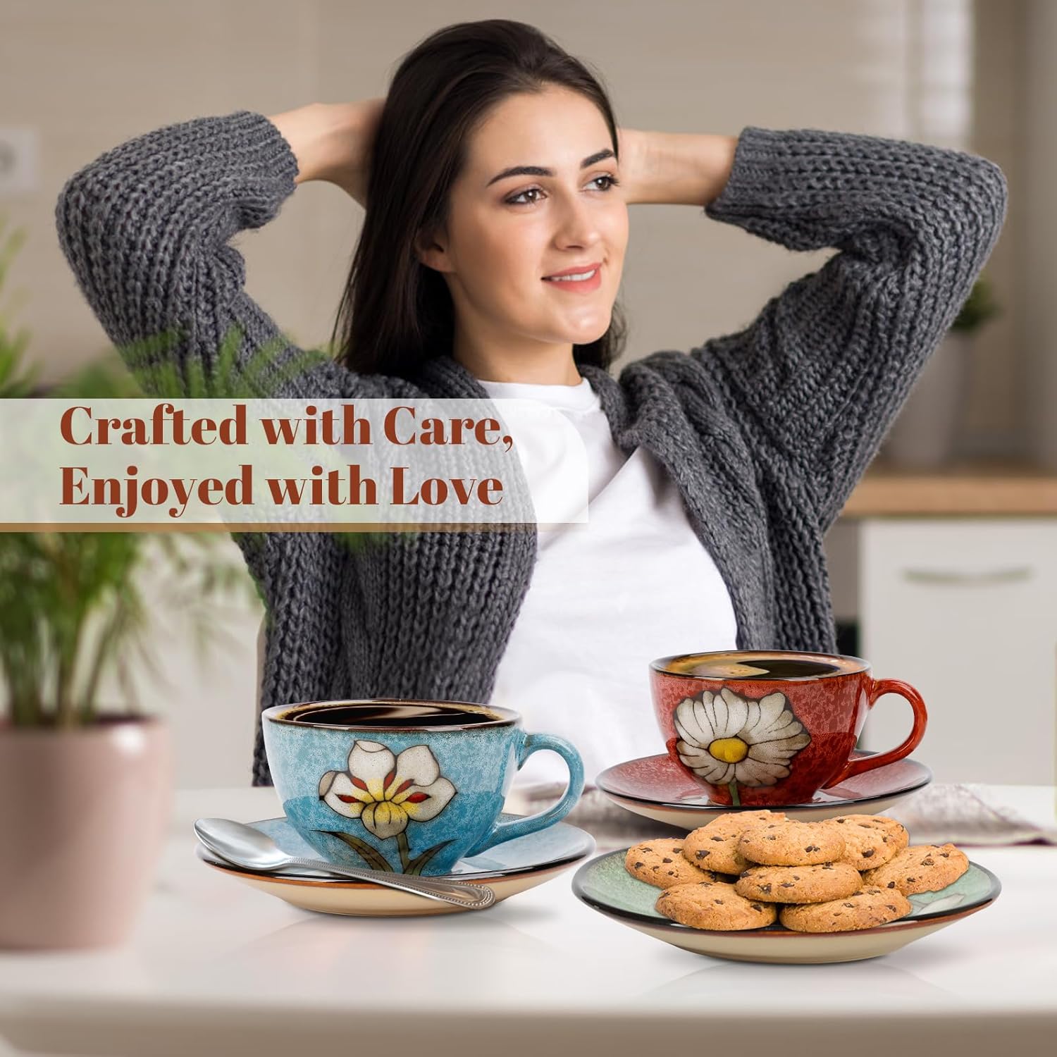 Cappuccino Cups Set of 4, 8 Oz Ceramic Coffee Cups with Saucers for Espresso, Tea, Latte – Hand-Painted Porcelain Underglaze Design