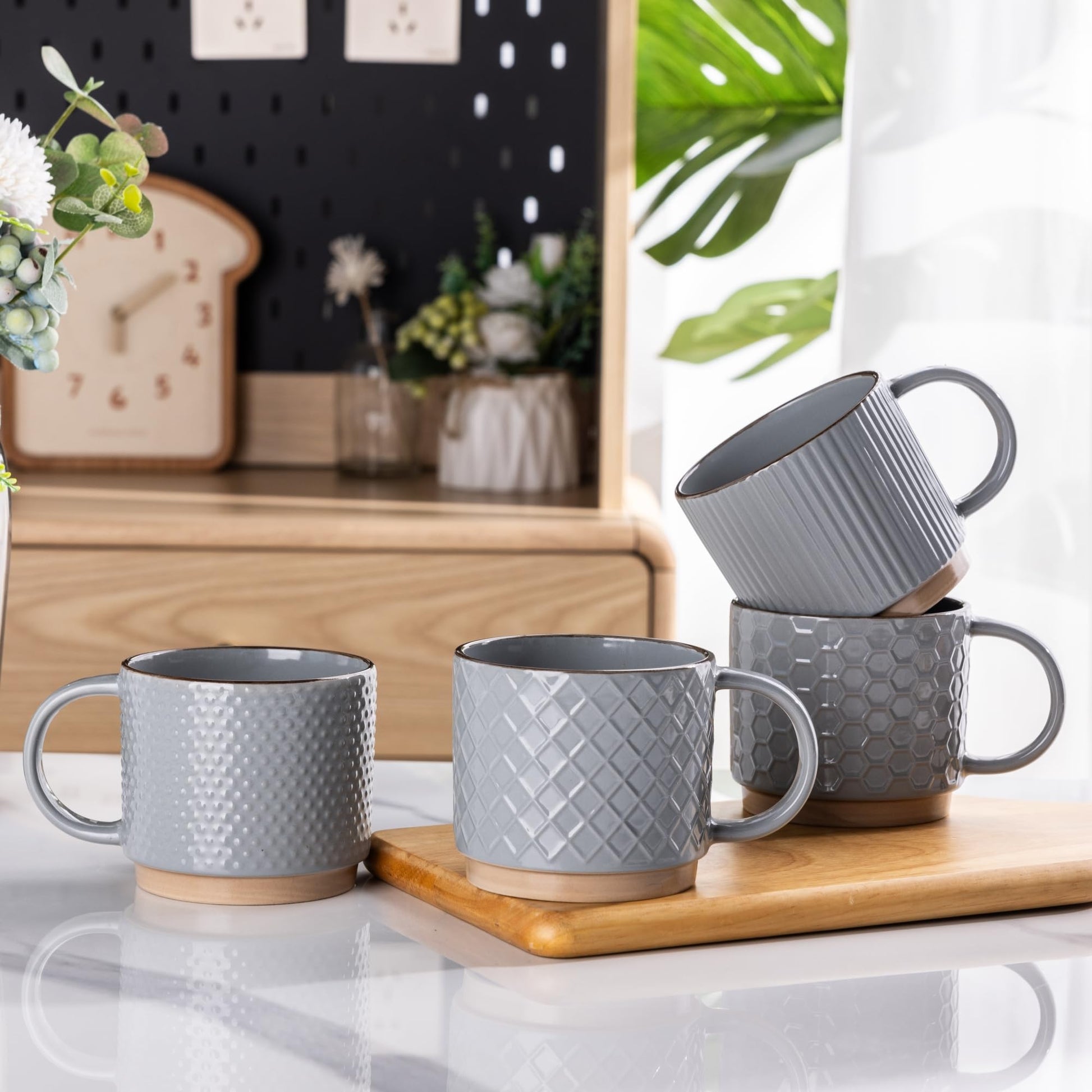 GBHOME 12 OZ Stackable Coffee Mugs, Ceramic Coffee Cups with Texture Patterns for Man,Woman,Dad,Mom, Modern Mugs Set of 4 for Latte/Cappuccino/Cocoa. Dishwasher&Microwave Safe