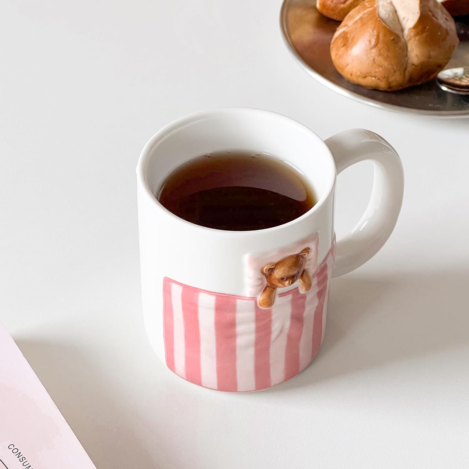 Cute Pink Mug with 3D Cartoon Bear, 12oz Handmade Ceramic Coffee Mugs for Women Girls, Novelty Porcelain Cups for Office & Home