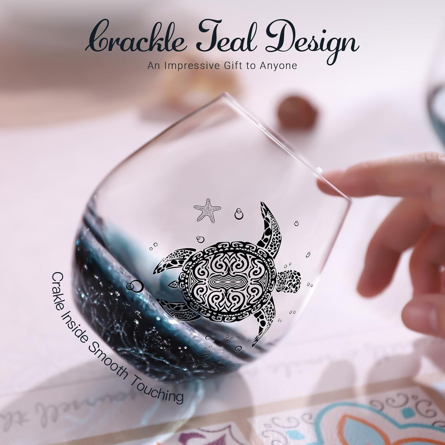 Sea Turtle Wine Glasses Set 2-13.3oz Crackle Teal Design, Hand blown Tortoise Wine Tumbler,Sea Turtle Gifts for Women, Birthday/Housewarming/Christmas Gifts for Seaturtle Lovers(2Count, Black)