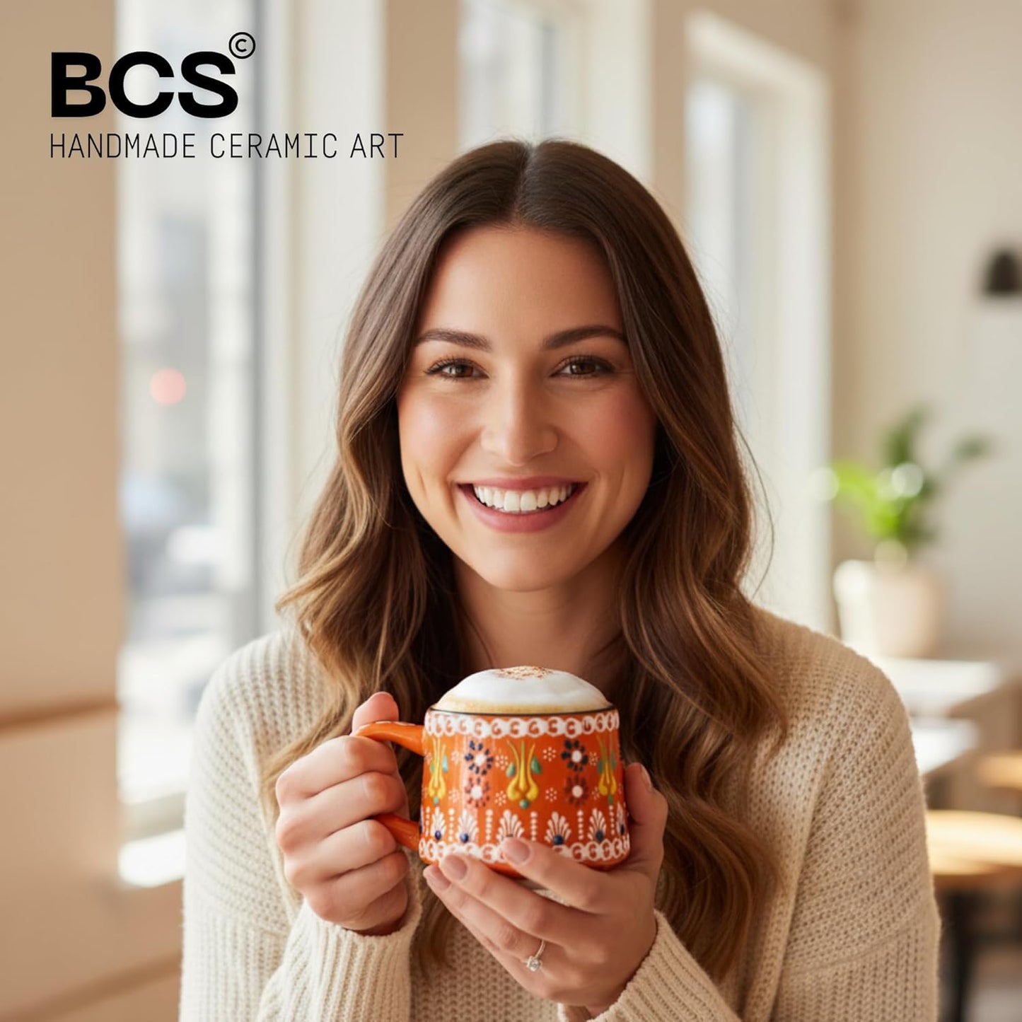 BCS 6 Oz Cappuccino Cups Set of 2, Ceramic Coffee & Tea Mugs, Colorful Handmade Cups, Dishwasher & Microwave Safe Ceramic Mugs (3 Inches, Orange - Green)