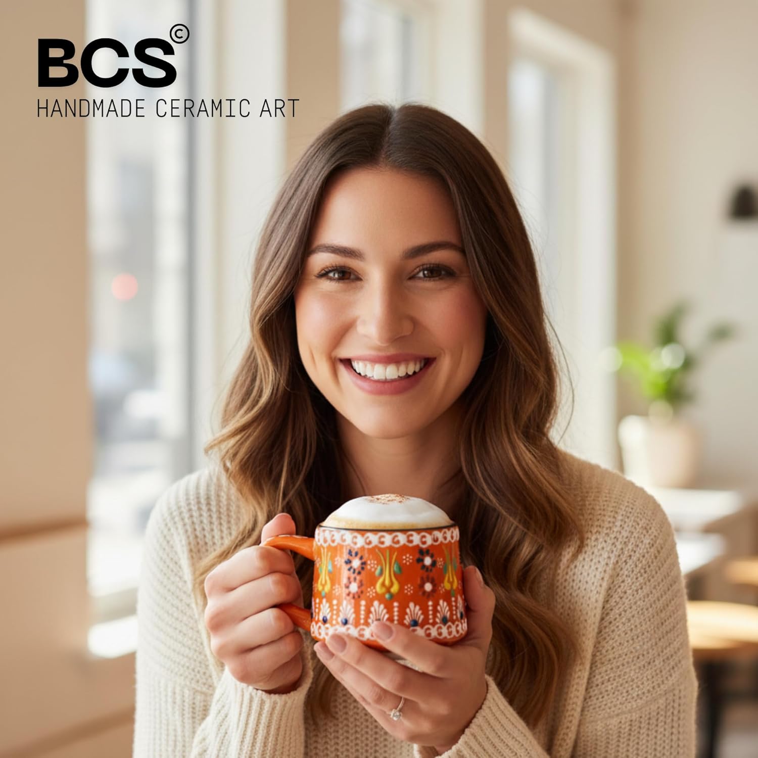 BCS 6 Oz Cappuccino Cups Set of 2, Ceramic Coffee & Tea Mugs, Colorful Handmade Cups, Dishwasher & Microwave Safe Ceramic Mugs (3 Inches, Orange - Green)