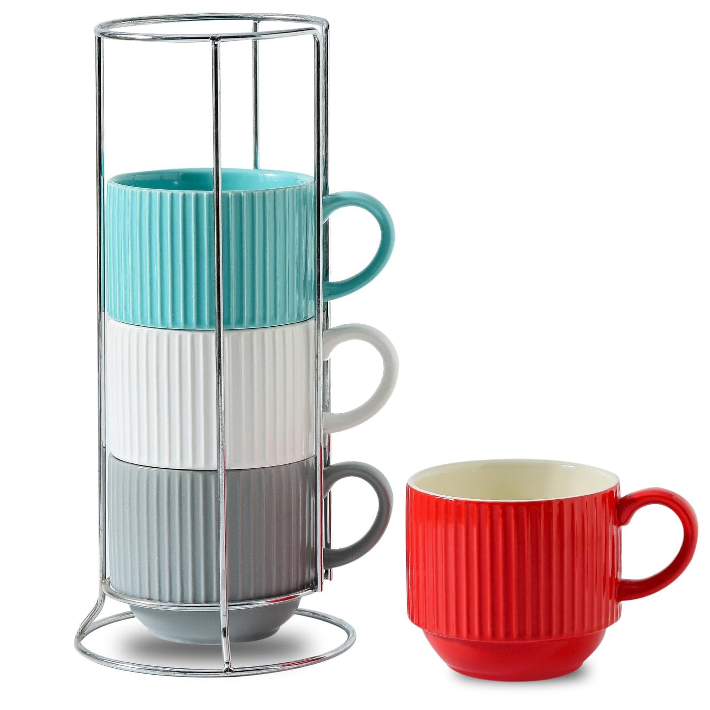 Hasense Coffee Mug Ceramic Set of 2 with Stand - 15 oz Stackable Coffee Cups for Wedding & Housewarming Gifts - Microwave Dishwasher Safe, Navy Blue