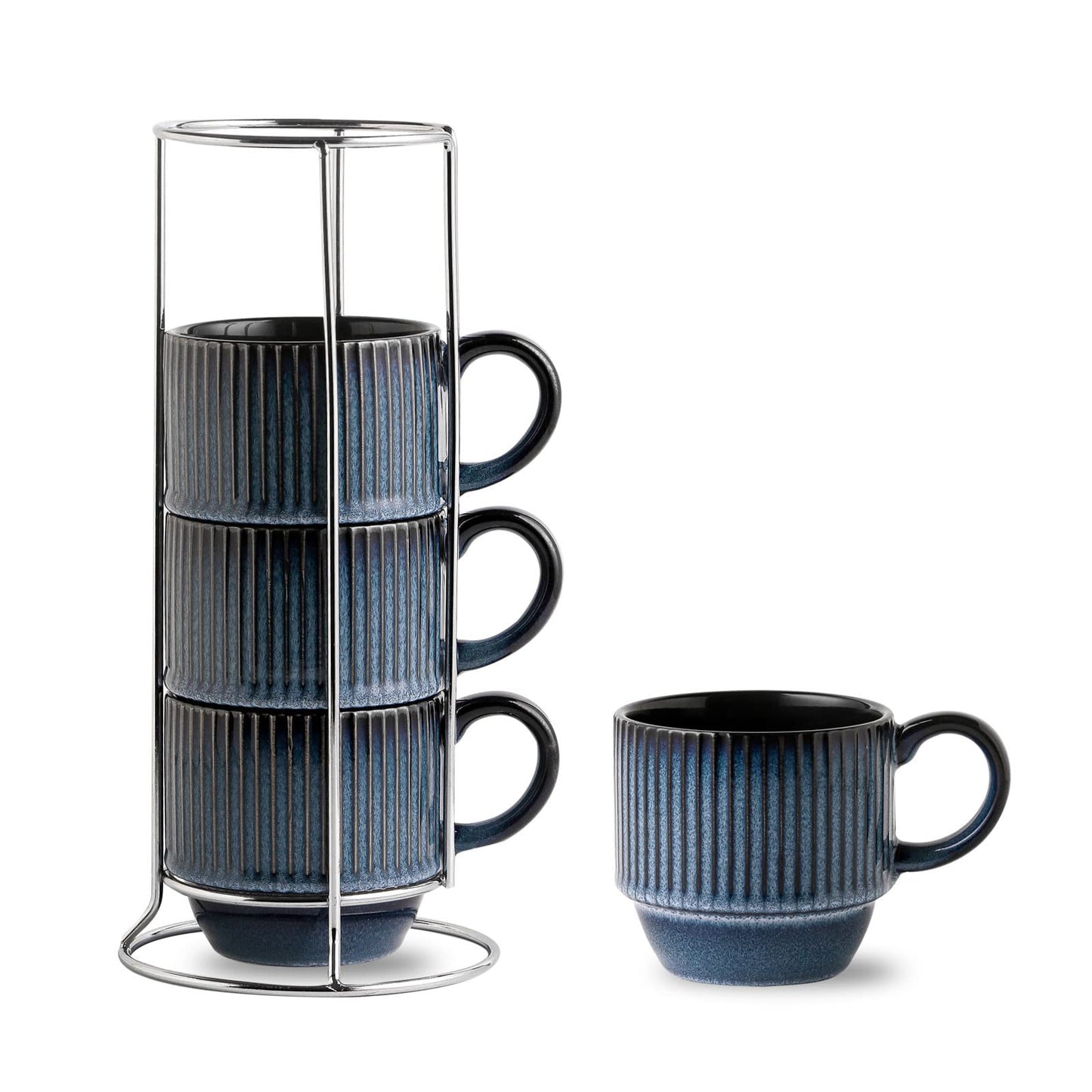 Hasense Coffee Mug Ceramic Set of 2 with Stand - 15 oz Stackable Coffee Cups for Wedding & Housewarming Gifts - Microwave Dishwasher Safe, Navy Blue
