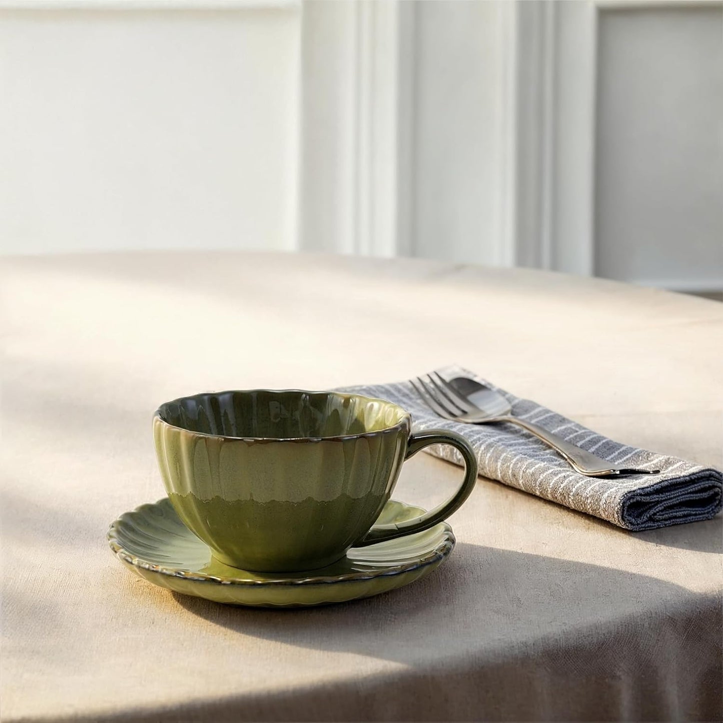 Creative Co-Op 10-Ounce Stoneware Ribbed Mug with Saucer in Reactive Glaze, Sage Green