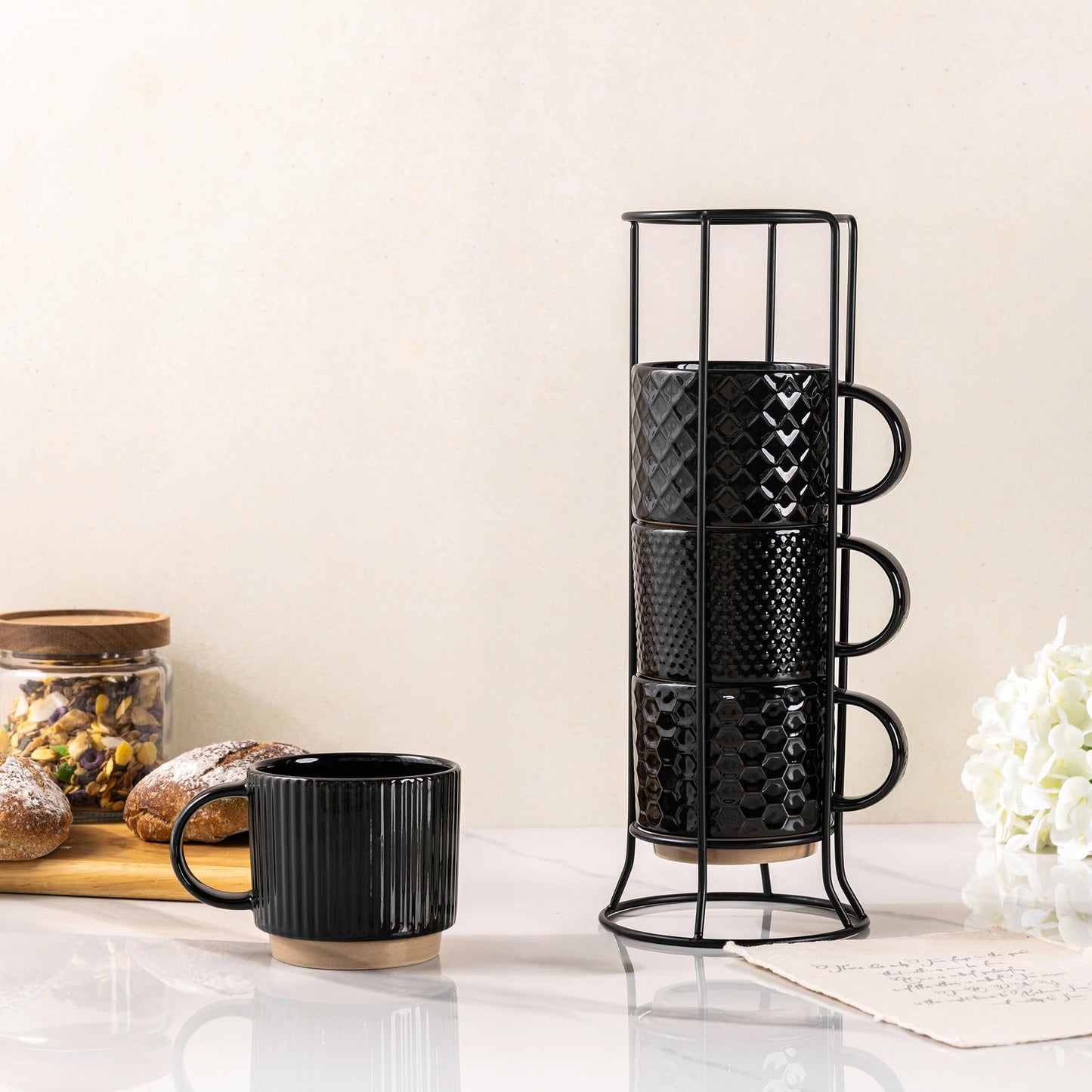GBHOME 12 OZ Stackable Coffee Mugs, Ceramic Coffee Cups with Texture Patterns for Man,Woman,Dad,Mom, Modern Mugs Set of 4 for Latte/Cappuccino/Cocoa. Dishwasher&Microwave Safe