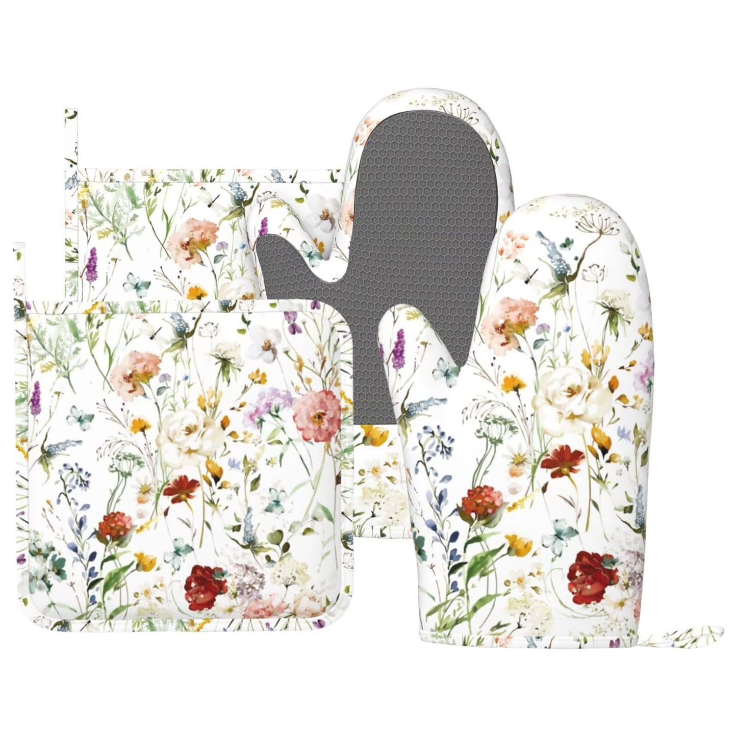 Botanical Print Floral Oven Mitts and Pot Holders Set of 4 Silicone Black Sage Green Botanical Print Kitchen Mitten Gloves and Farmhouse Potholders Set Vintage Oven Gloves Hot Holders for BBQ