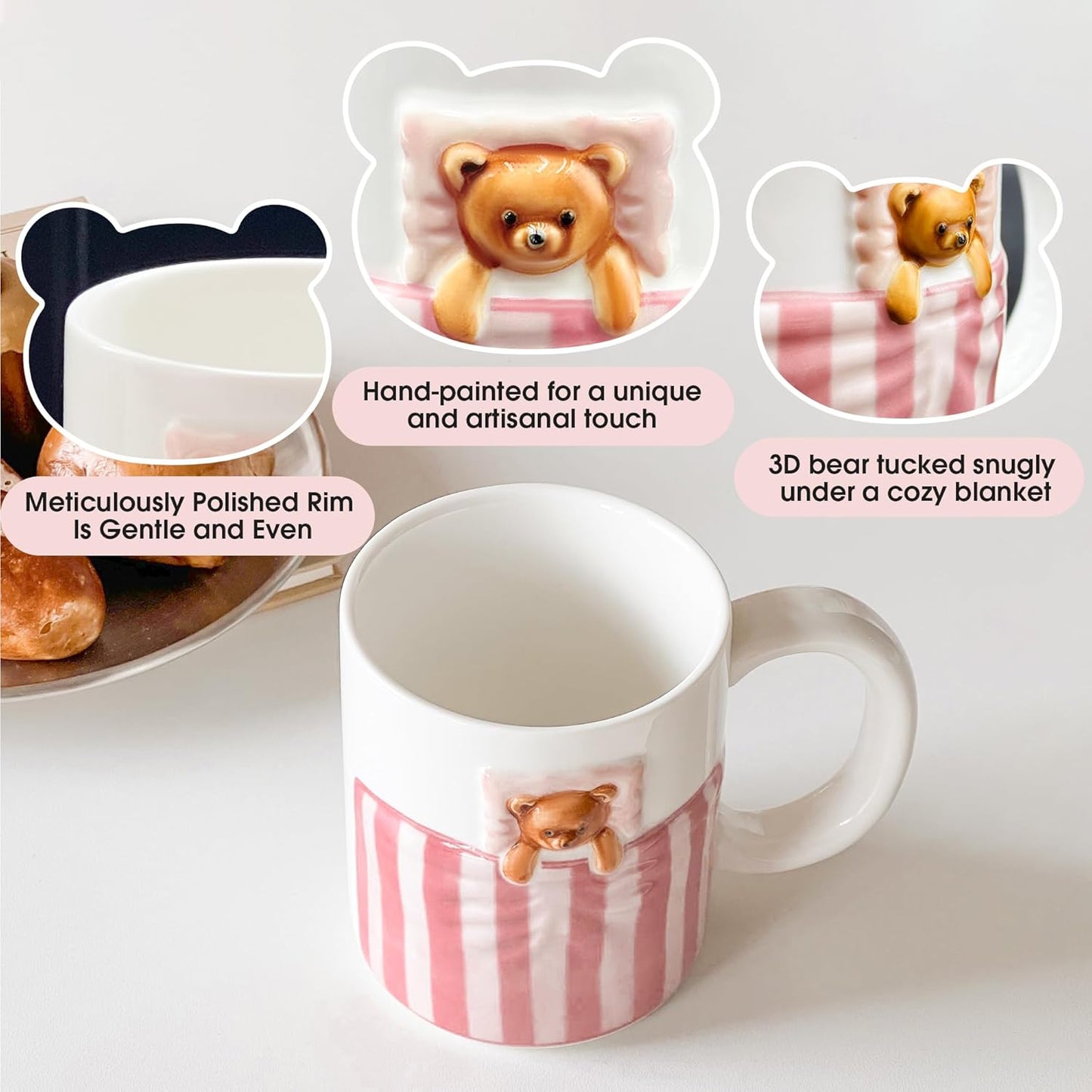 Cute Pink Mug with 3D Cartoon Bear, 12oz Handmade Ceramic Coffee Mugs for Women Girls, Novelty Porcelain Cups for Office & Home