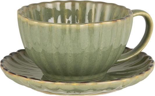 Creative Co-Op 10-Ounce Stoneware Ribbed Mug with Saucer in Reactive Glaze, Sage Green