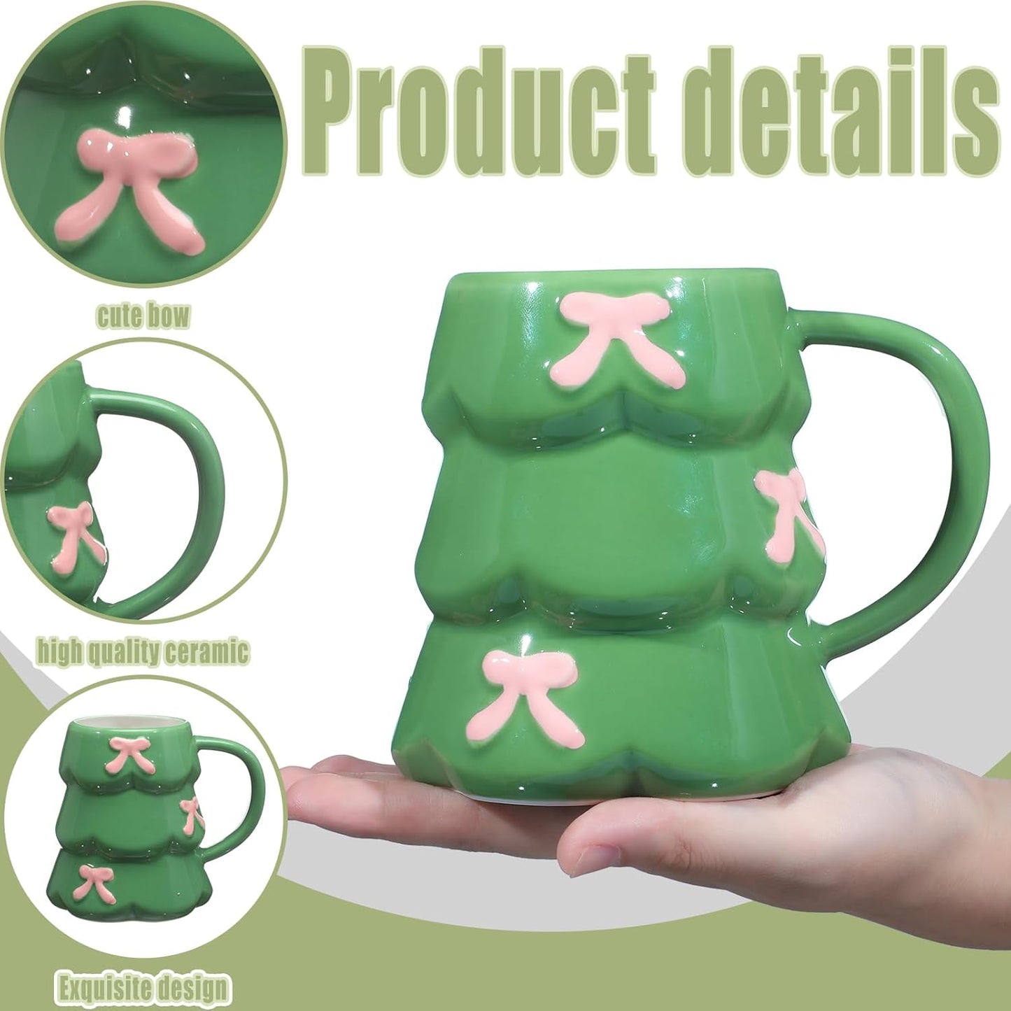 2 Pcs Christmas Tree Mug with Pink Bows 18oz Green Holiday Ceramic Coffee Mug, Cute Tree Shape Cup for Hot Cocoa, Tea, Latte, Festive Christmas Winter Gift for Women Holiday Lovers