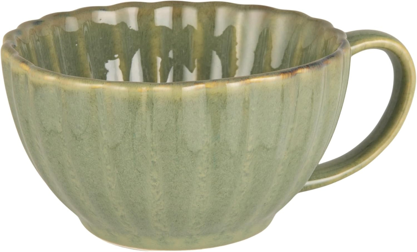 Creative Co-Op 10-Ounce Stoneware Ribbed Mug with Saucer in Reactive Glaze, Sage Green
