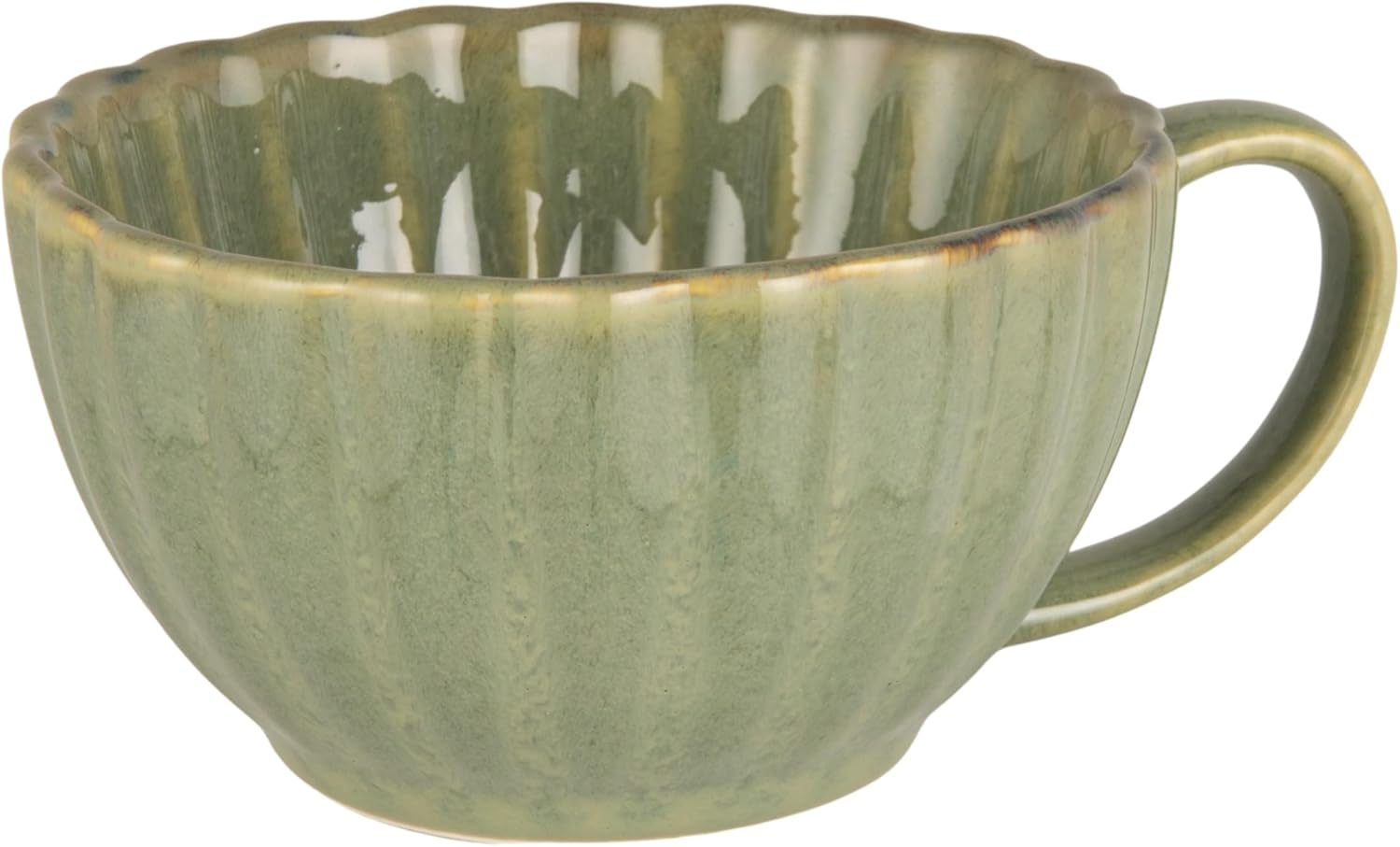 Creative Co-Op 10-Ounce Stoneware Ribbed Mug with Saucer in Reactive Glaze, Sage Green