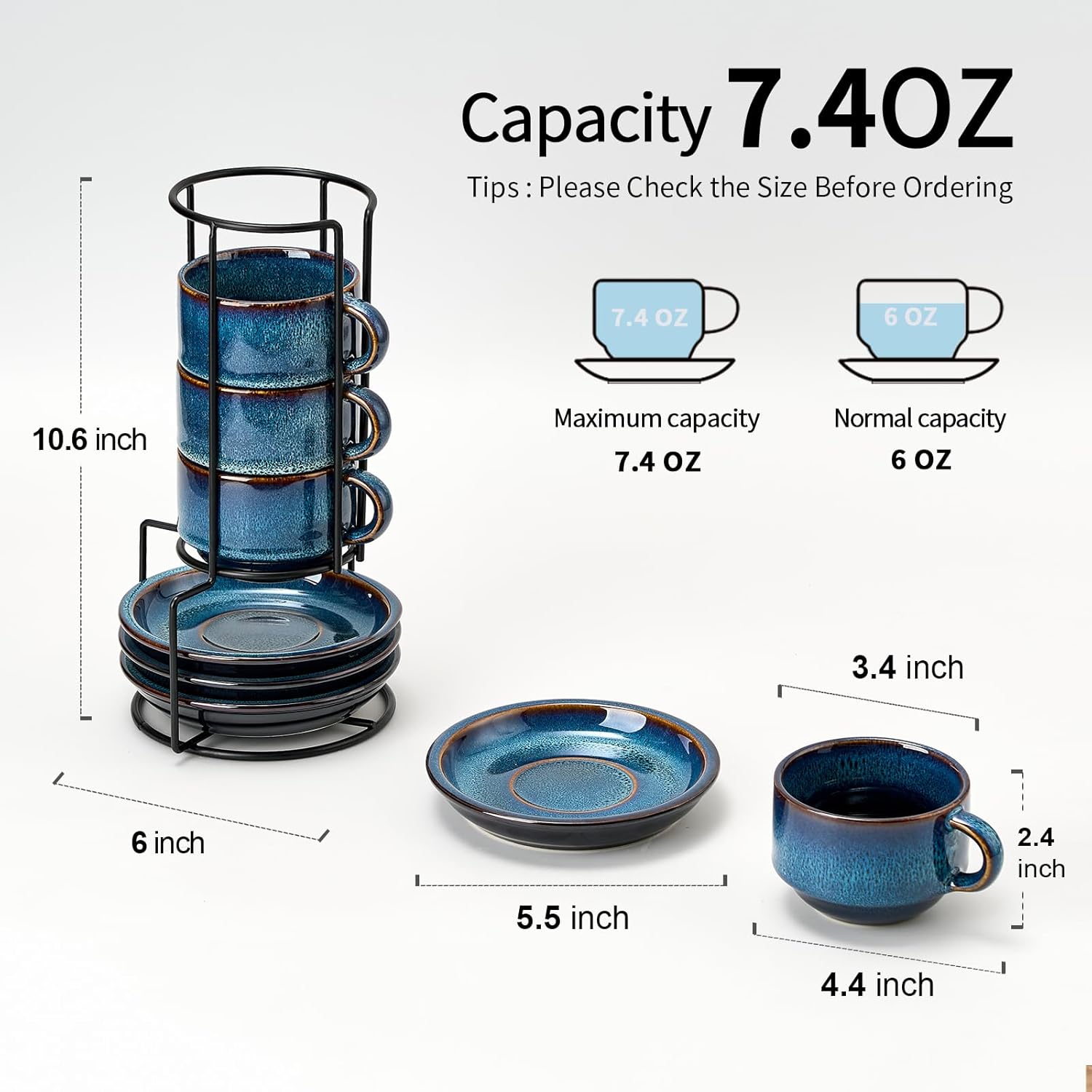 JIEMEI HOME Porcelain Stackable Cappuccino Cups with Saucers and Metal Stand, 7 Ounce Espresso Cups for Latte Coffee Cafe, Specialty Coffee Drinks, Cappuccino and Tea - Set of 4, Deep Blue