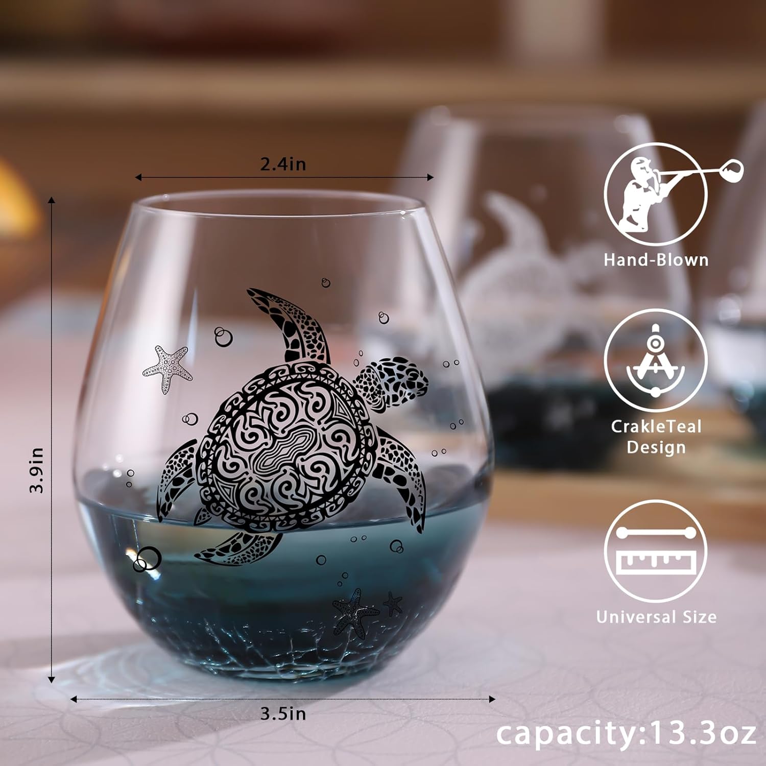 Sea Turtle Wine Glasses Set 2-13.3oz Crackle Teal Design, Hand blown Tortoise Wine Tumbler,Sea Turtle Gifts for Women, Birthday/Housewarming/Christmas Gifts for Seaturtle Lovers(2Count, Black)