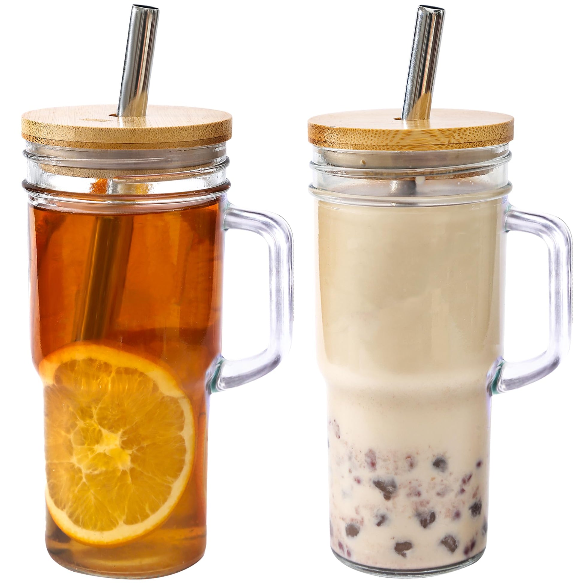 24oz Glass Cups with Lids and Straws - Glass Tumbler cup with bamboo lids and straw iced coffee cup