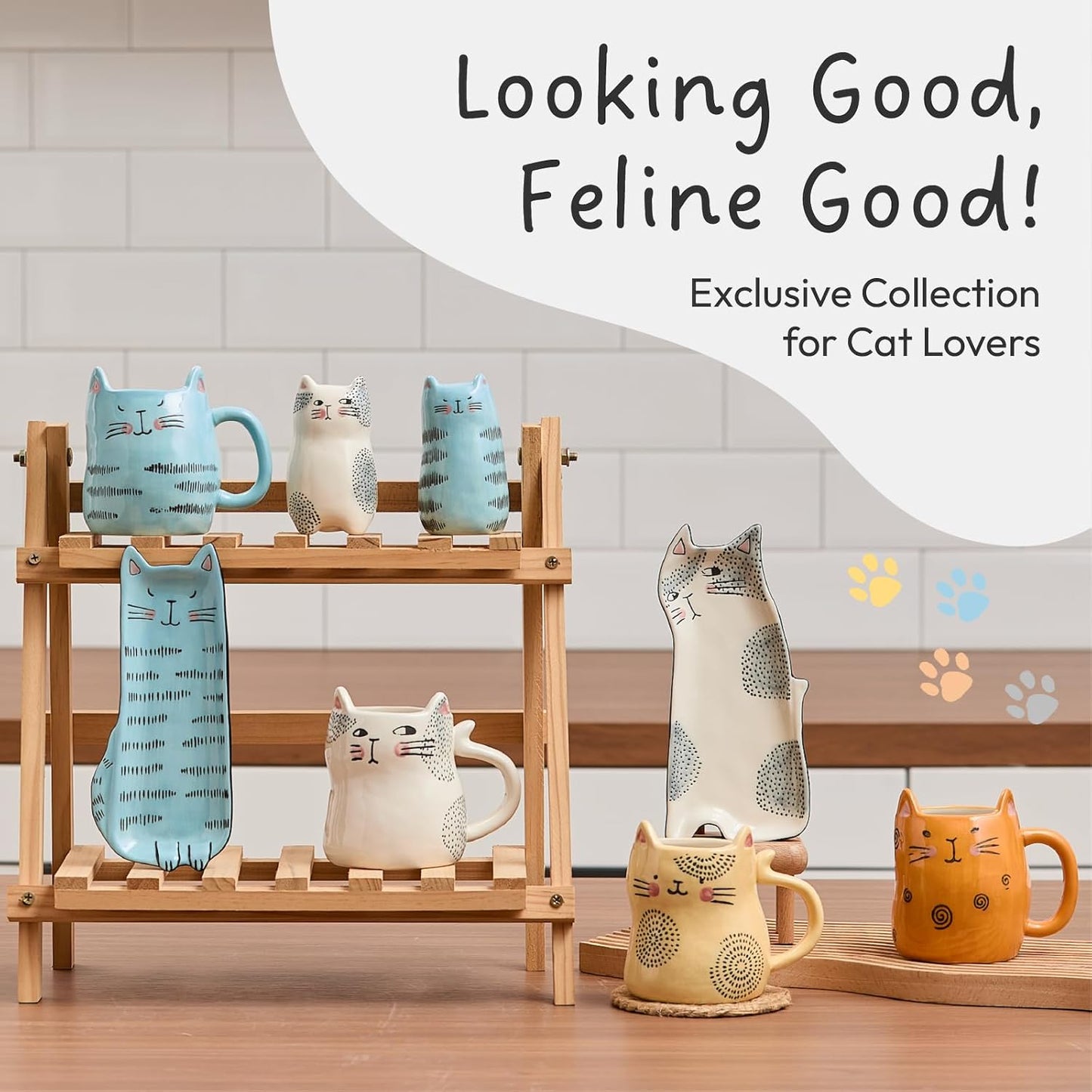 Bico Cartoon Cat Coffee Mugs Set of 4, Cute Ceramic Mugs with Unique Cats Faces, Stoneware Coffee Tea Mug Gifts for Cat Lovers, Women and Men, Microwave and Dishwasher Safe (10 oz)