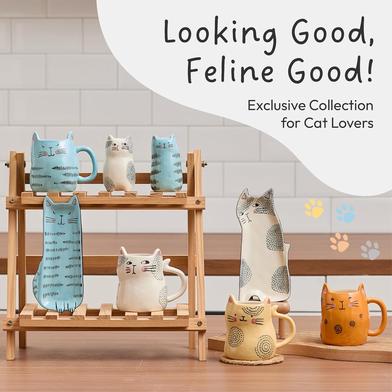 Bico Cartoon Cat Coffee Mugs Set of 4, Cute Ceramic Mugs with Unique Cats Faces, Stoneware Coffee Tea Mug Gifts for Cat Lovers, Women and Men, Microwave and Dishwasher Safe (10 oz)
