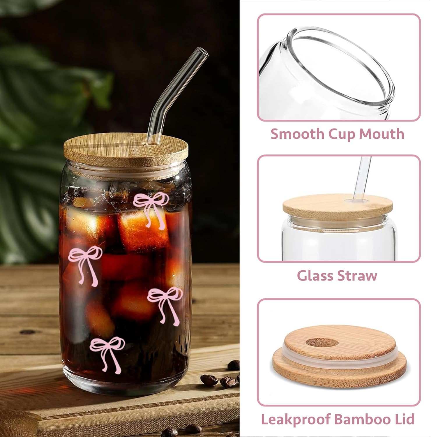 Coquette Aesthetic Glass Cups with Lids and Straws - Pink Bow Iced Coffee Cup Decor, Cute Tumbler Smoothie with Cleaning Brush&Gift Box, Gifts for Girls Women Friends, 16 oz