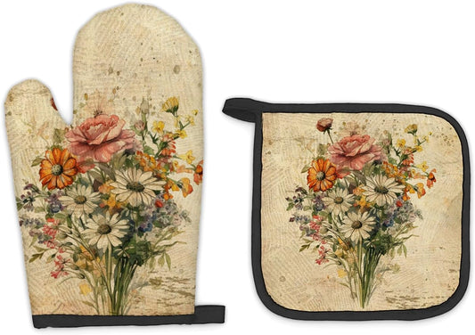 Vintage Floral Flowers Oven Mitts and Pot Holders Sets, Vintage Kitchen Accessories, Retro VintageBotanical Wildflower Floral Bouquet Heat Resistant Oven Glove Potholders for Kitchen Cooking