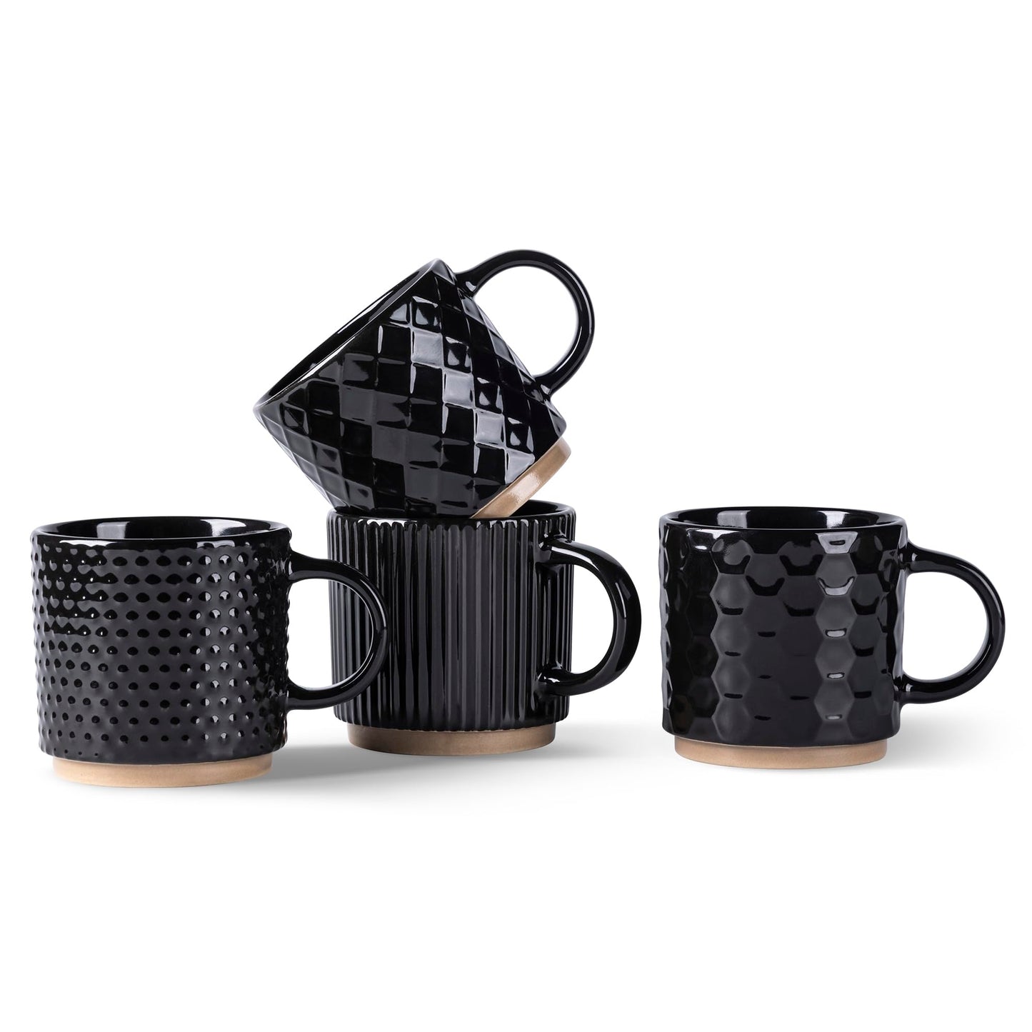 GBHOME 12 OZ Stackable Coffee Mugs, Ceramic Coffee Cups with Texture Patterns for Man,Woman,Dad,Mom, Modern Mugs Set of 4 for Latte/Cappuccino/Cocoa. Dishwasher&Microwave Safe