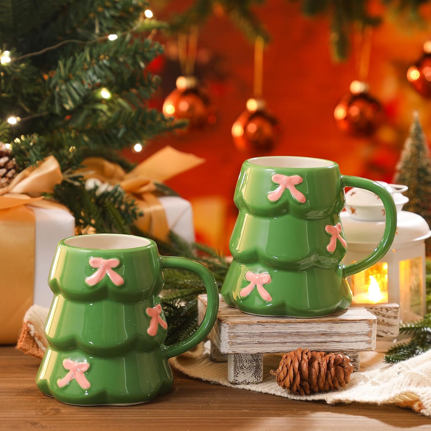 2 Pcs Christmas Tree Mug with Pink Bows 18oz Green Holiday Ceramic Coffee Mug, Cute Tree Shape Cup for Hot Cocoa, Tea, Latte, Festive Christmas Winter Gift for Women Holiday Lovers