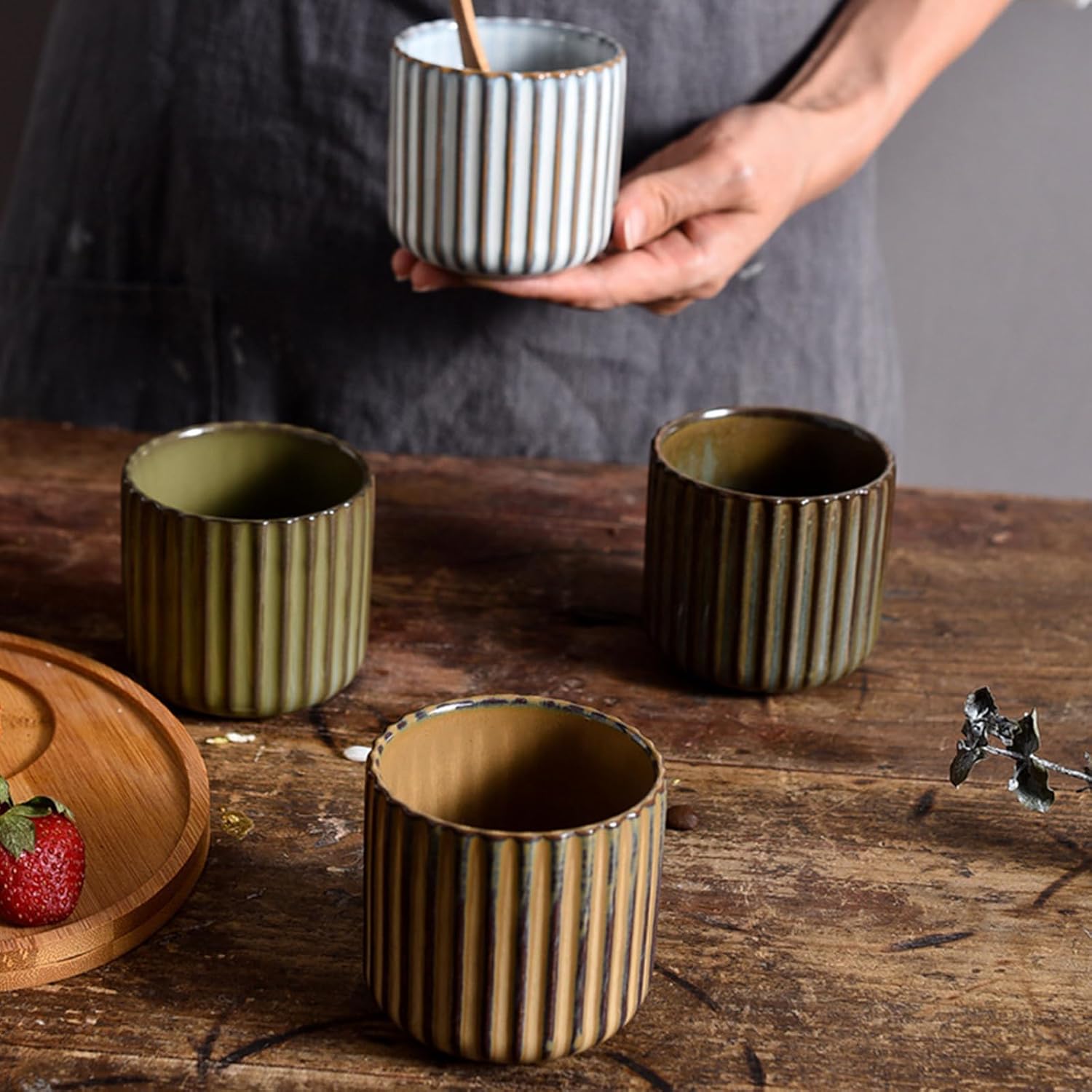 Vinitage Ceramic Mug, Japanese Tea Cup 6oz Striped Cup No Handle Drinking Cup for Latte Milk Water Beverage Juice Microwave and Dishwasher Safe, Kiln Transformation Cup (Brown)
