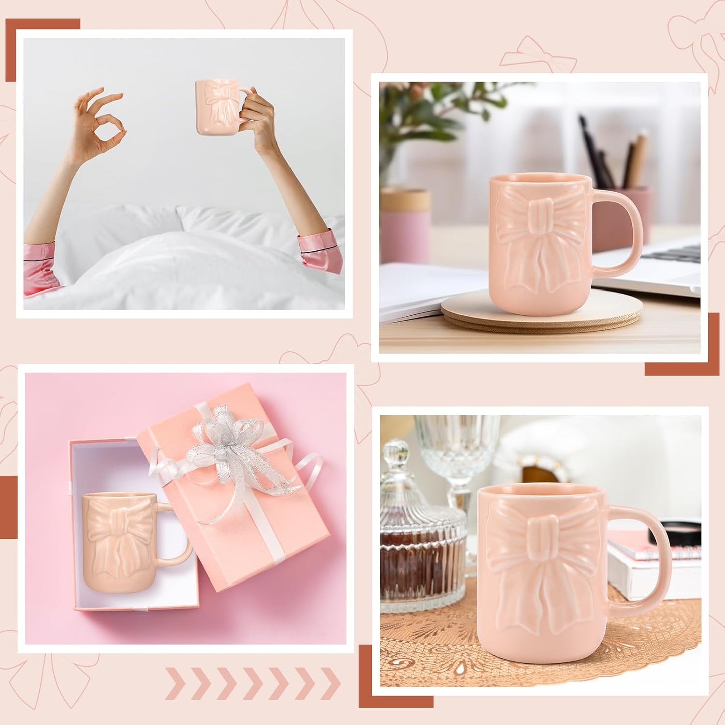 Bow Coffee Mug Coquette Ceramic Bow Mug 13 oz Charming Pink Coquette Cups with Handle Porcelain Coffee Cups for Women Birthday Decor Valentine Christmas Thanksgiving Day Gifts