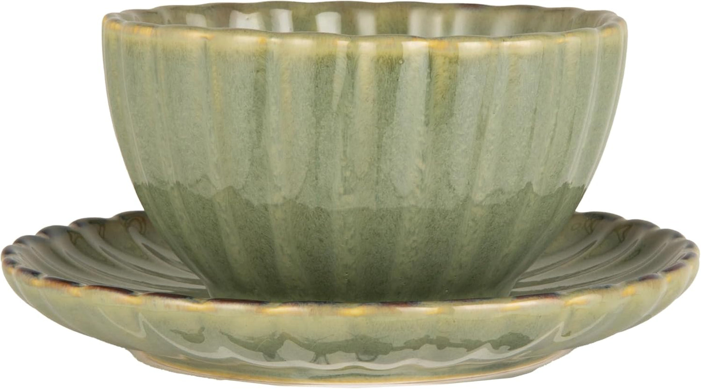 Creative Co-Op 10-Ounce Stoneware Ribbed Mug with Saucer in Reactive Glaze, Sage Green