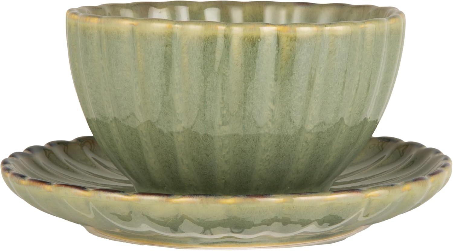 Creative Co-Op 10-Ounce Stoneware Ribbed Mug with Saucer in Reactive Glaze, Sage Green