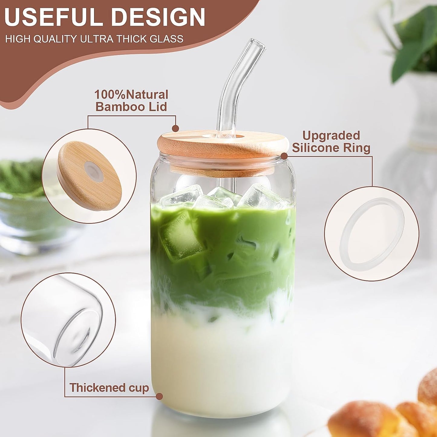 DWTS DANWEITESI Iced Coffee Cups with Lids 2 pcs,16 oz Glass Cups with Lids and Straws as Coffee Bar Accessories,Beer Drinking Glasses,Reusable Glass Tumbler,Cute Coffee Cups for Coffee, Juice, Gifts