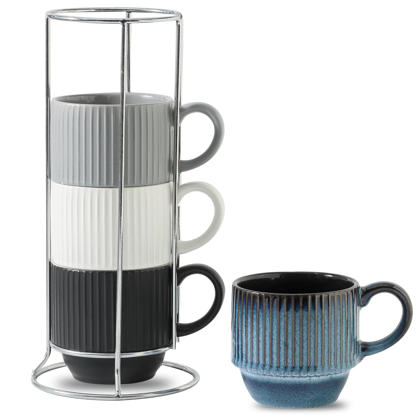 Hasense Coffee Mug Ceramic Set of 2 with Stand - 15 oz Stackable Coffee Cups for Wedding & Housewarming Gifts - Microwave Dishwasher Safe, Navy Blue