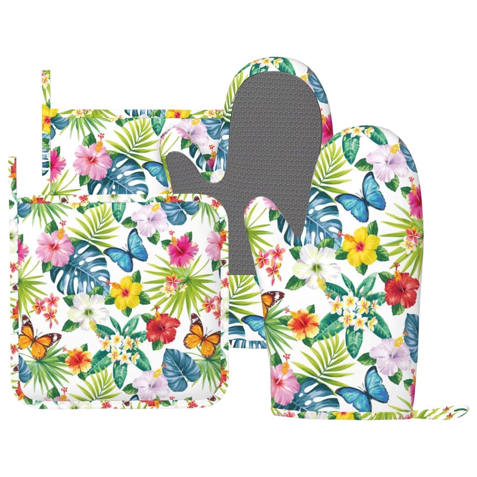 Botanical Print Floral Oven Mitts and Pot Holders Set of 4 Silicone Black Sage Green Botanical Print Kitchen Mitten Gloves and Farmhouse Potholders Set Vintage Oven Gloves Hot Holders for BBQ