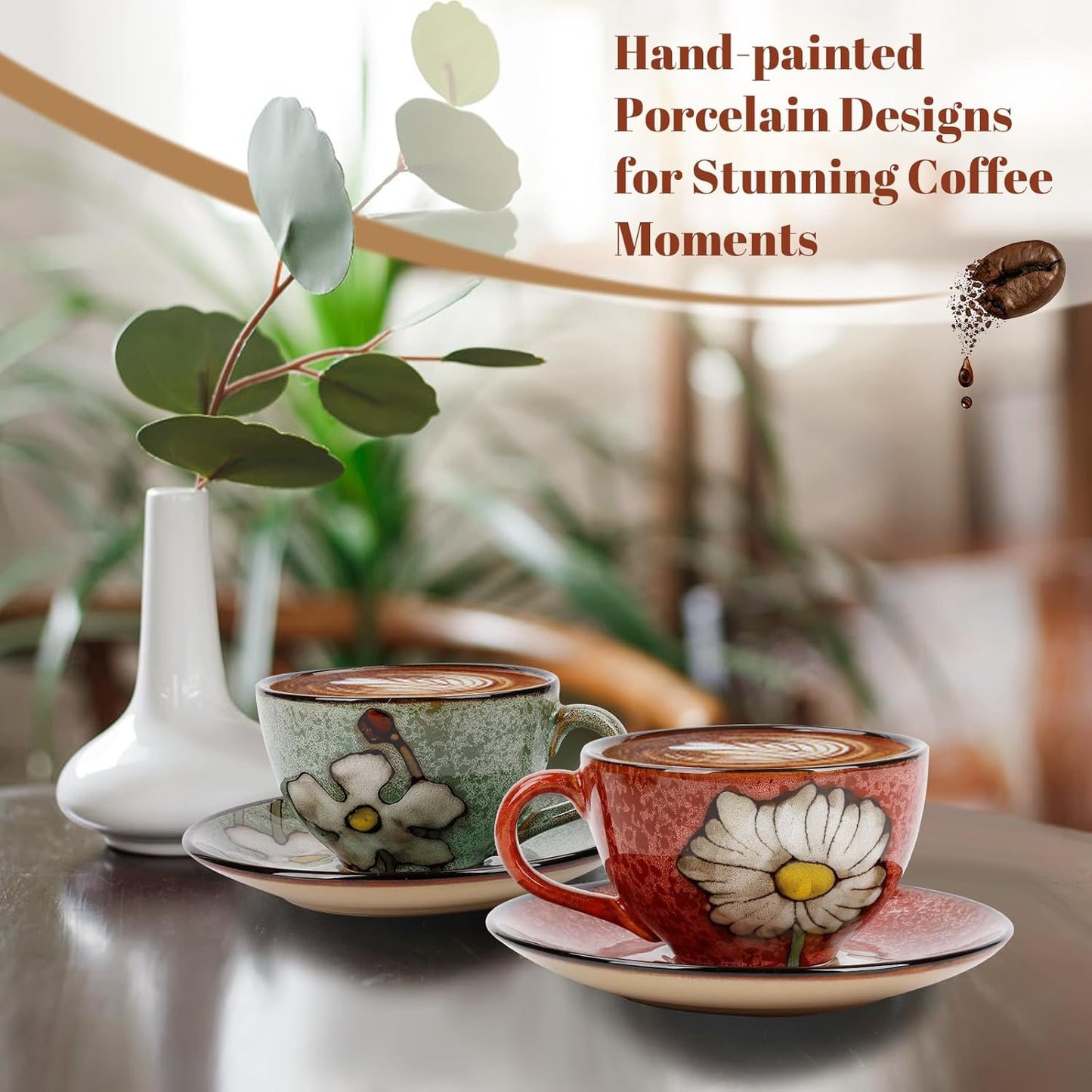 Cappuccino Cups Set of 4, 8 Oz Ceramic Coffee Cups with Saucers for Espresso, Tea, Latte – Hand-Painted Porcelain Underglaze Design