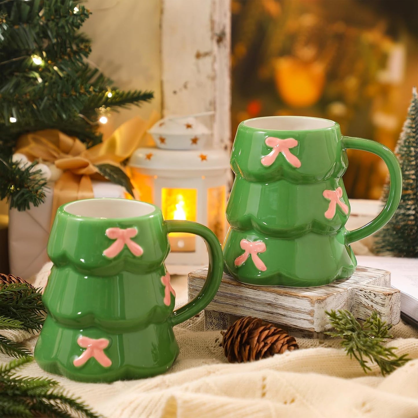 2 Pcs Christmas Tree Mug with Pink Bows 18oz Green Holiday Ceramic Coffee Mug, Cute Tree Shape Cup for Hot Cocoa, Tea, Latte, Festive Christmas Winter Gift for Women Holiday Lovers