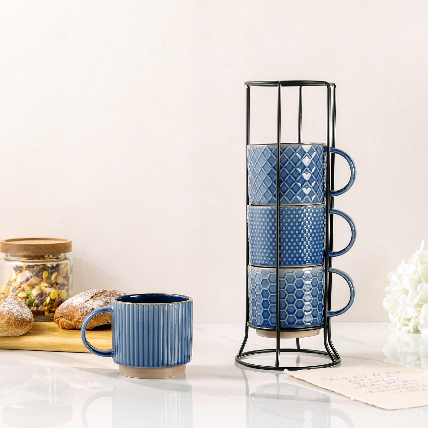 GBHOME 12 OZ Stackable Coffee Mugs, Ceramic Coffee Cups with Texture Patterns for Man,Woman,Dad,Mom, Modern Mugs Set of 4 for Latte/Cappuccino/Cocoa. Dishwasher&Microwave Safe