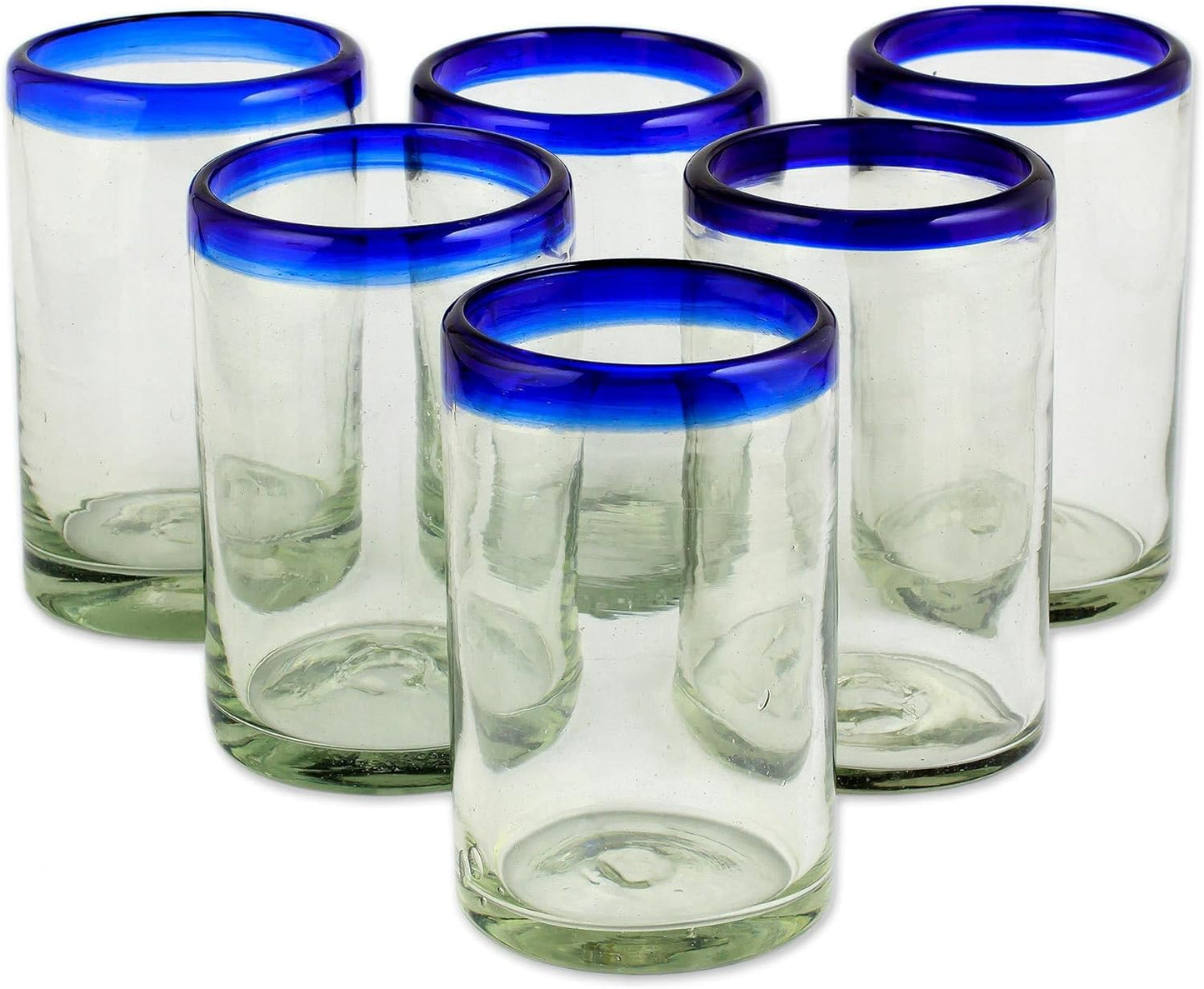 NOVICA Artisan Crafted Hand Blown Clear Blue Rim Recycled Glass Juice Glasses, 4.3In H X 2.6In Diam. 8 Oz. 'Cobalt' (Set Of 6)