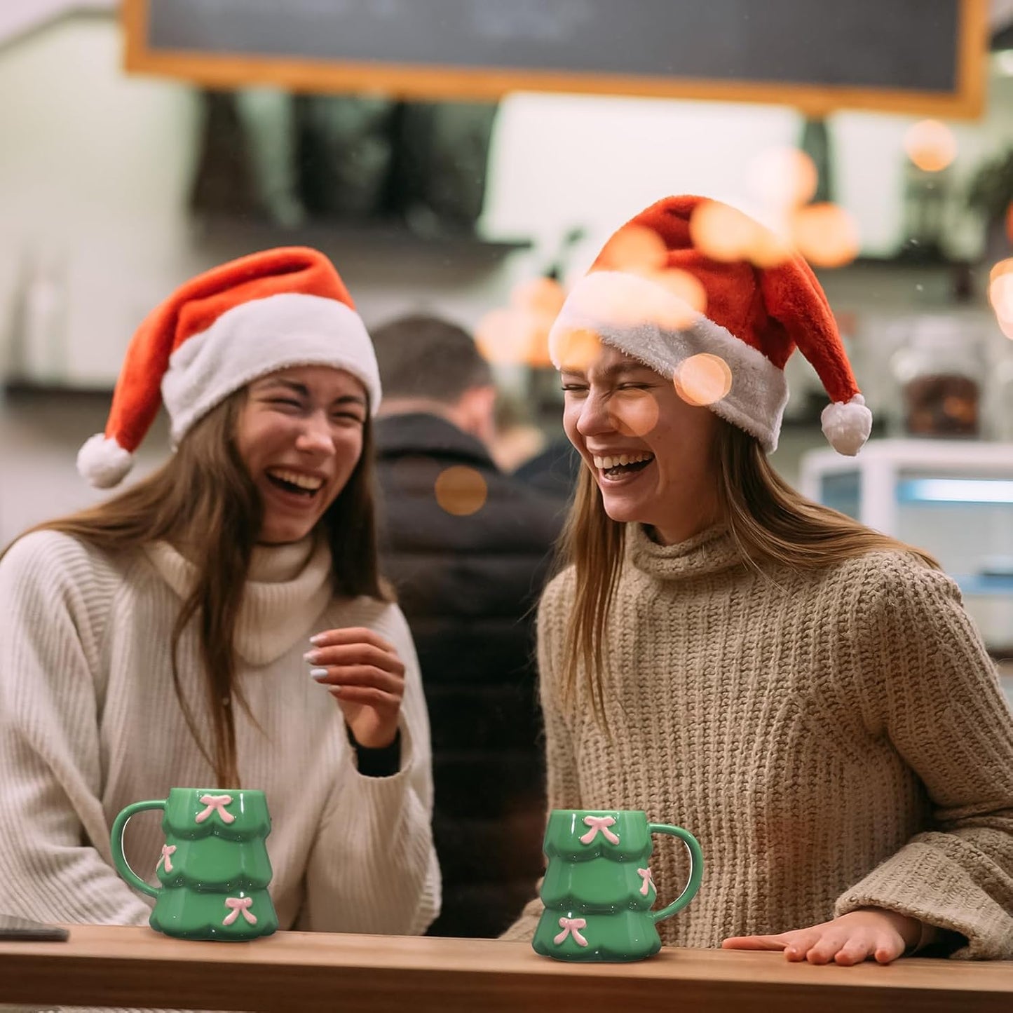 2 Pcs Christmas Tree Mug with Pink Bows 18oz Green Holiday Ceramic Coffee Mug, Cute Tree Shape Cup for Hot Cocoa, Tea, Latte, Festive Christmas Winter Gift for Women Holiday Lovers