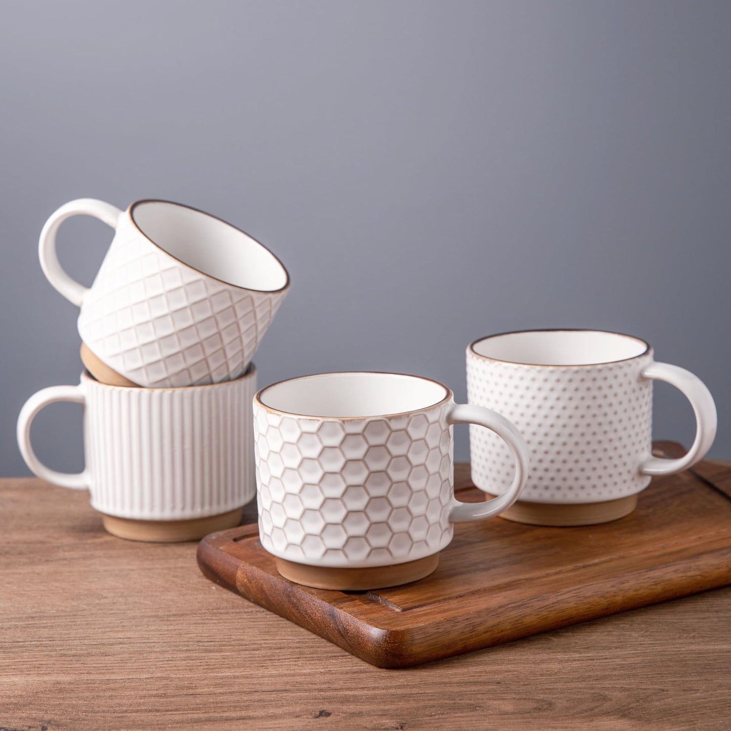 GBHOME 12 OZ Stackable Coffee Mugs, Ceramic Coffee Cups with Texture Patterns for Man,Woman,Dad,Mom, Modern Mugs Set of 4 for Latte/Cappuccino/Cocoa. Dishwasher&Microwave Safe
