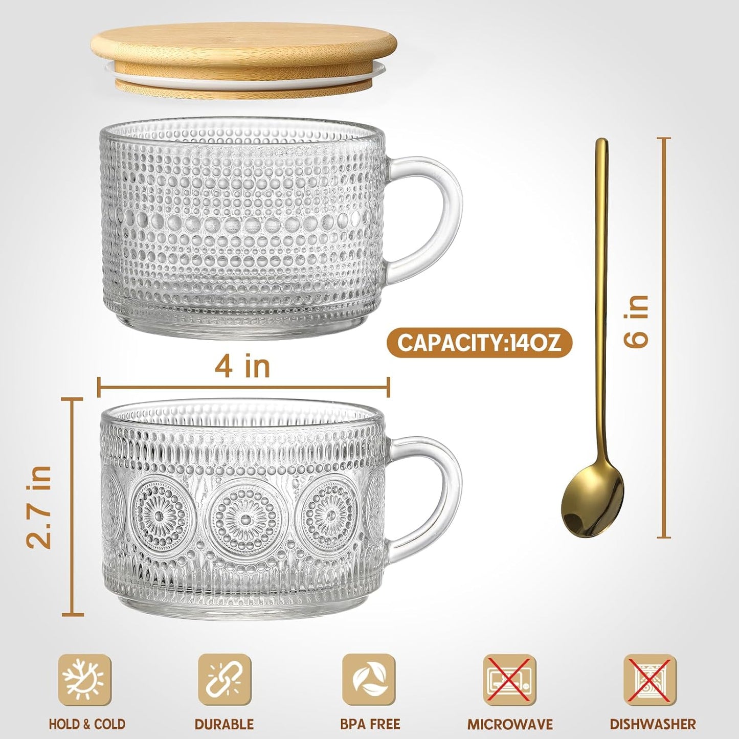 4pcs Set Vintage Coffee Mugs gifts for women, Overnight Oats Containers with Bamboo Lids and Spoons - 14oz Clear Embossed Glass Cups, Cute Coffee Bar Accessories, Iced Coffee Glasses